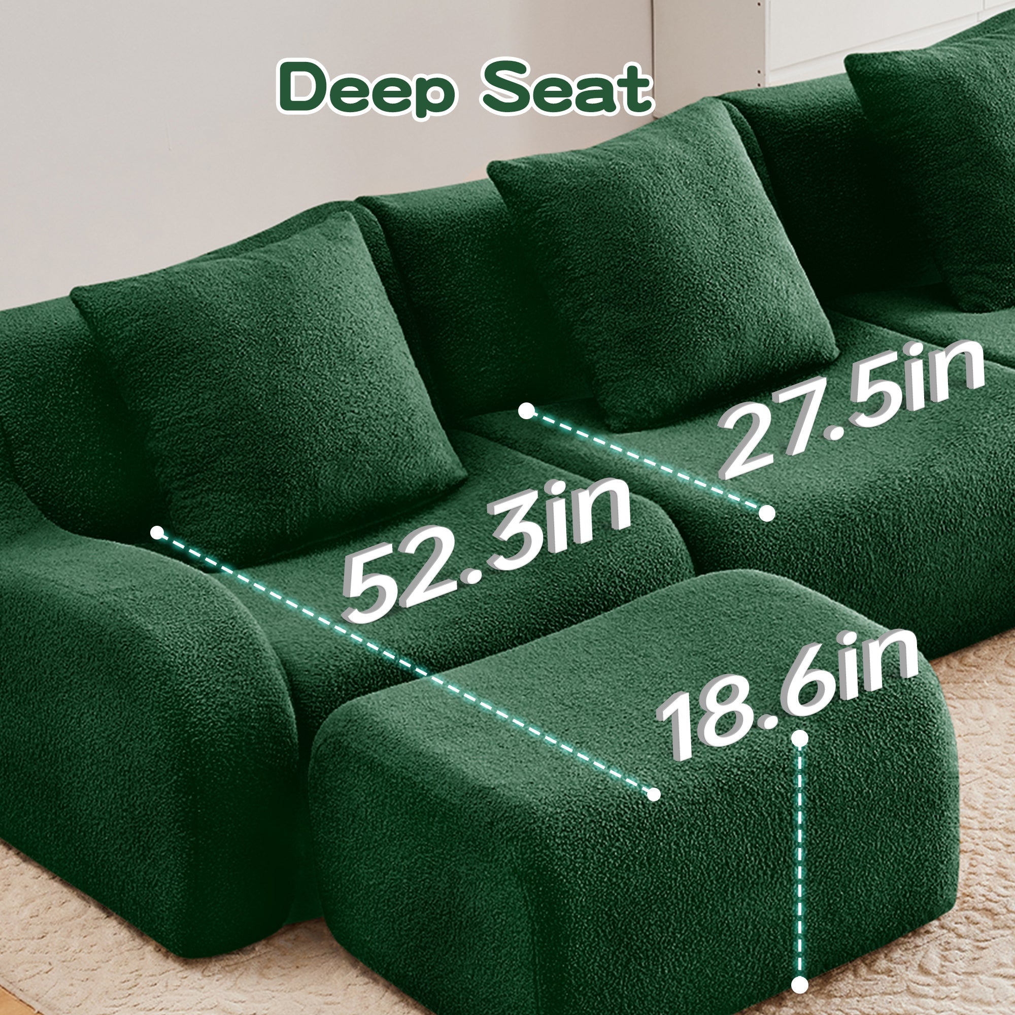 U-Shaped Boneless Sofa,Teddy Fabric No assembly required   Curved armrest,Anti-slip Design,Streamlined Design 32D High Density Sponge,Full Compression Vacuum Packag,For Studies living Rooms,Green