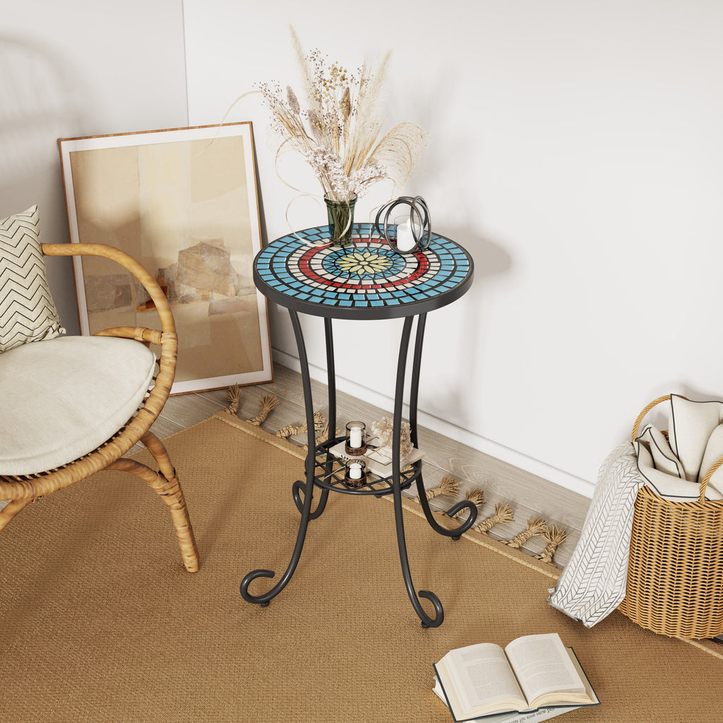 Vibrant Patio Side Table with Shelf, Floral Design, Blue and Black Ceramic Tile, 14-Inch