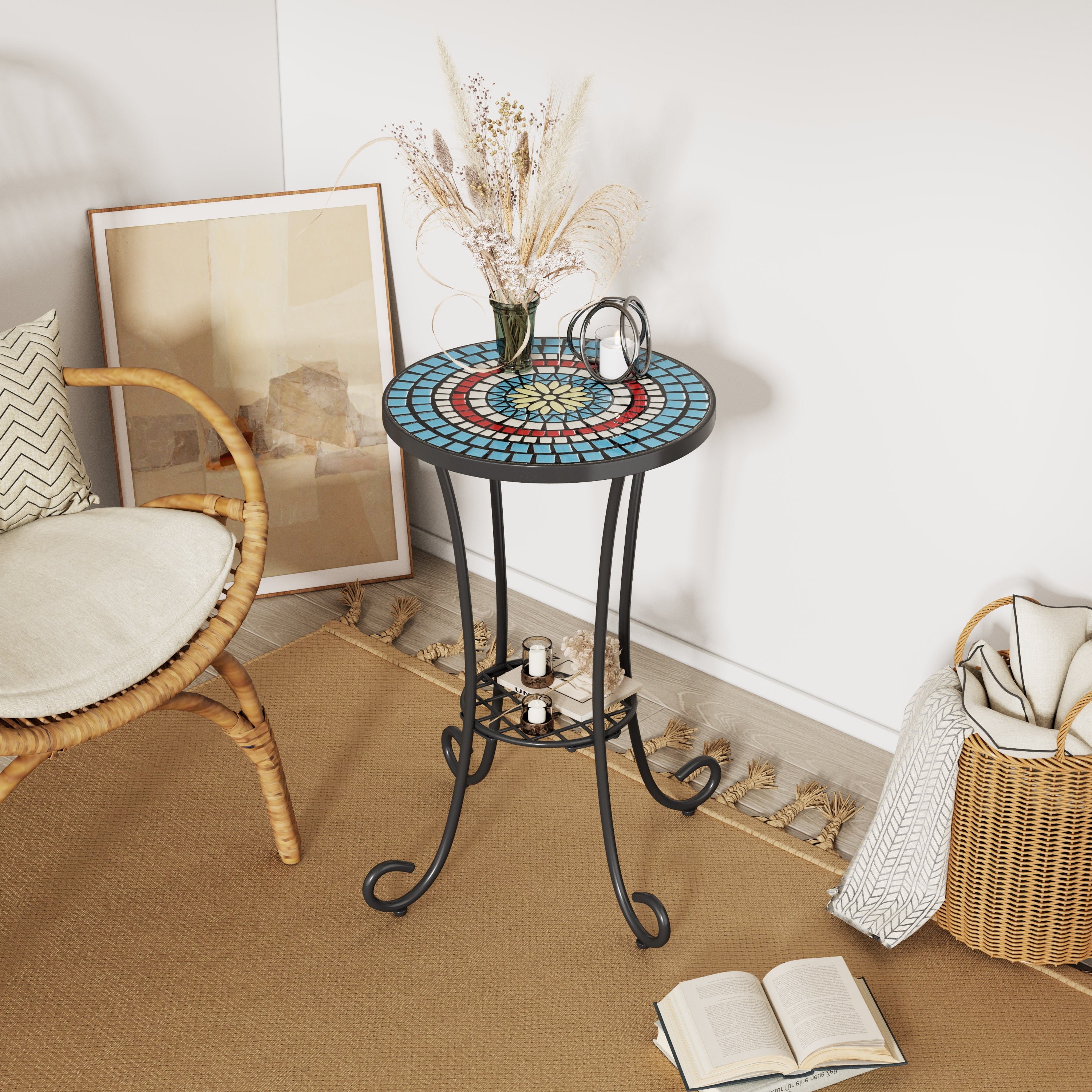 Vibrant Patio Side Table with Shelf, Floral Design, Blue and Black Ceramic Tile, 14-Inch