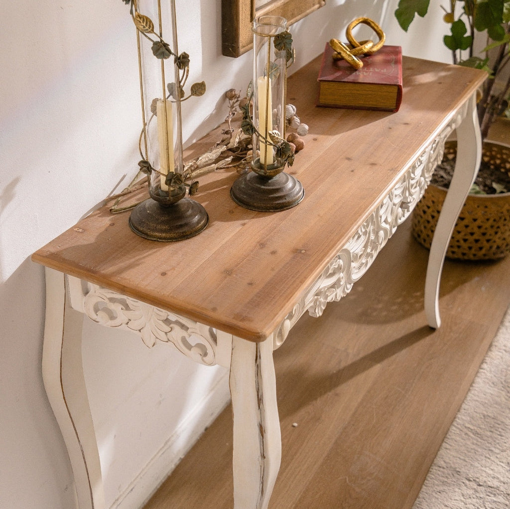 Antique White Console Table with Carved Details, Distressed Console Table, Vintage French Country Entry Table with Wood Carvings and Curved Legs for Hallway Living Room