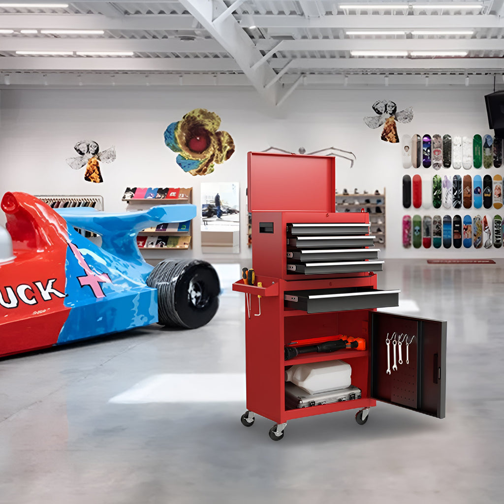 Tool Chest, 5-Drawer Rolling Tool Storage Cabinet with Detachable Top Tool Box, Liner, Universal Lockable Wheels, Adjustable Shelf, Locking Mechanism, Metal Tool Cart for Garage Workshop