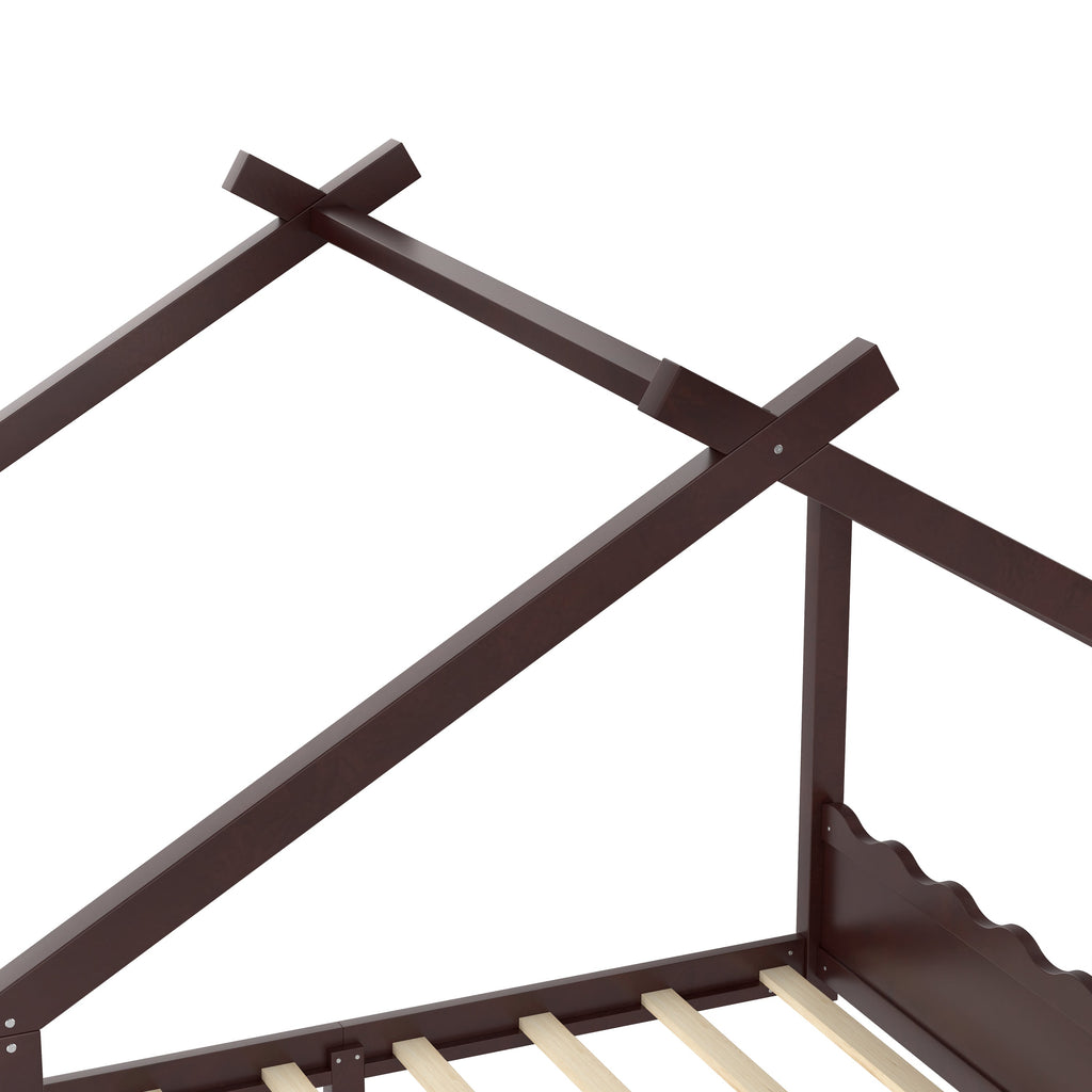 Queen House Floor Bed with Support Slats, Solid Wood House Bed Frame for Kids, No Box Spring Needed and Opening Constructure, Espresso