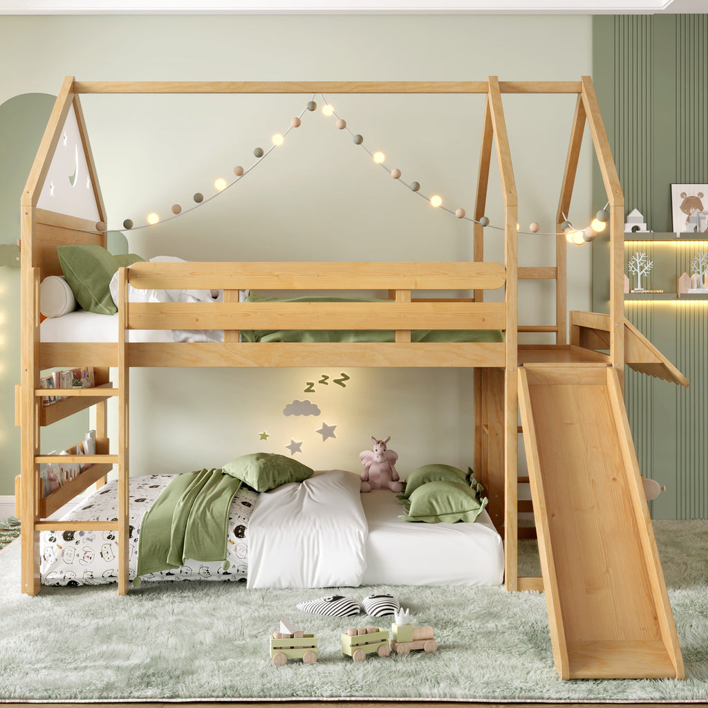 Full Size Loft Bed with Bookshelf Playful Design for Kids House-Shaped Structure with Slide High-Quality Safety Rails,Natural