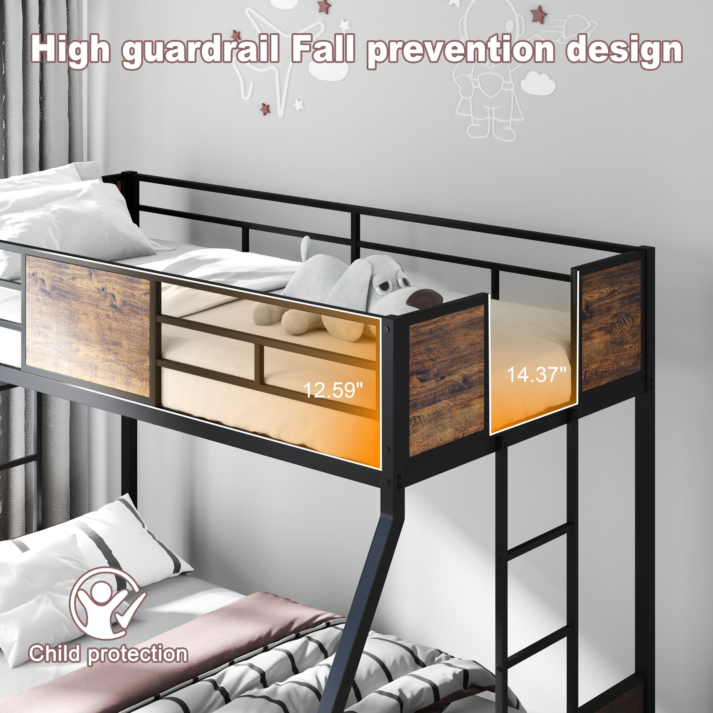 Twin Over Full Bunk Beds with Trundle, Metal Bunk Bed Frame with Safety Guardrail and 2 Ladder for Kids,Sturdy Metal Frame and Protective Board Supports, No Box Spring Needed, Easy Assembly