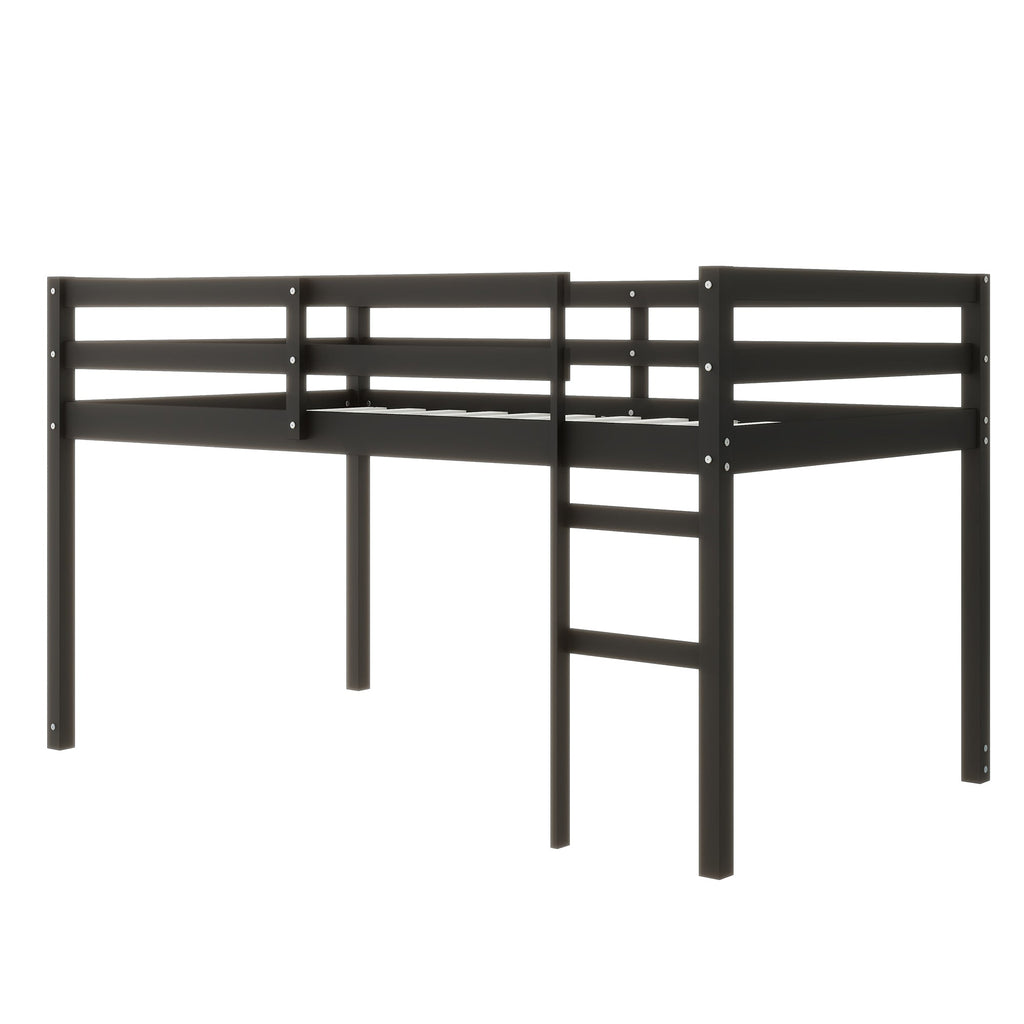 Solid Wooden, Rubber Wooden Twin Loft Bed with Ladder, Bed Platform of Strengthened Slats , Black