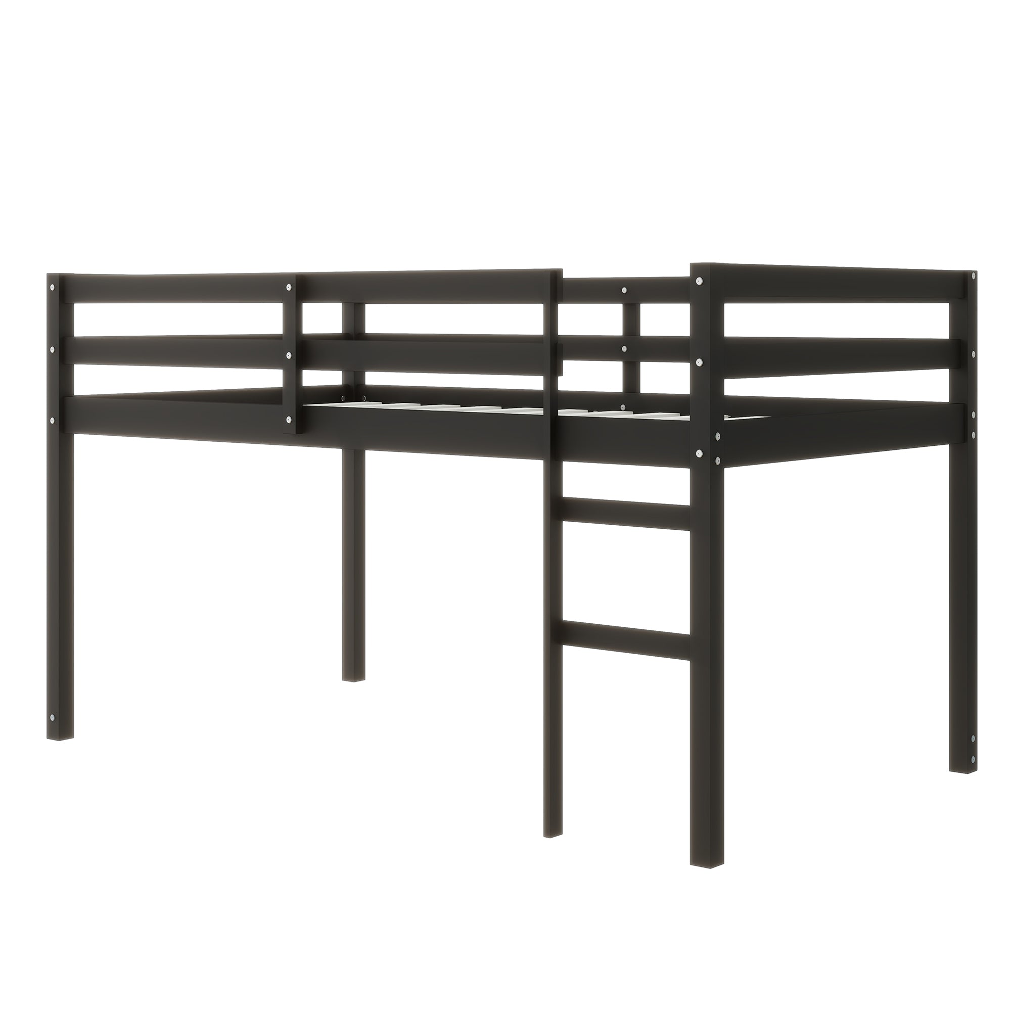 Solid Wooden, Rubber Wooden Twin Loft Bed with Ladder, Bed Platform of Strengthened Slats , Black