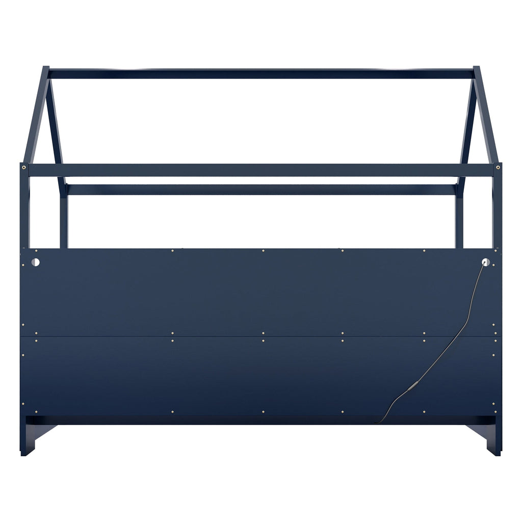 Twin Size House Bed with LED Light, Wood House Bed with Storage Bookshelf, Floor House Bed with Guardrails for Kids, Navy Blue (Expect Arrival Date 2025/3/14)