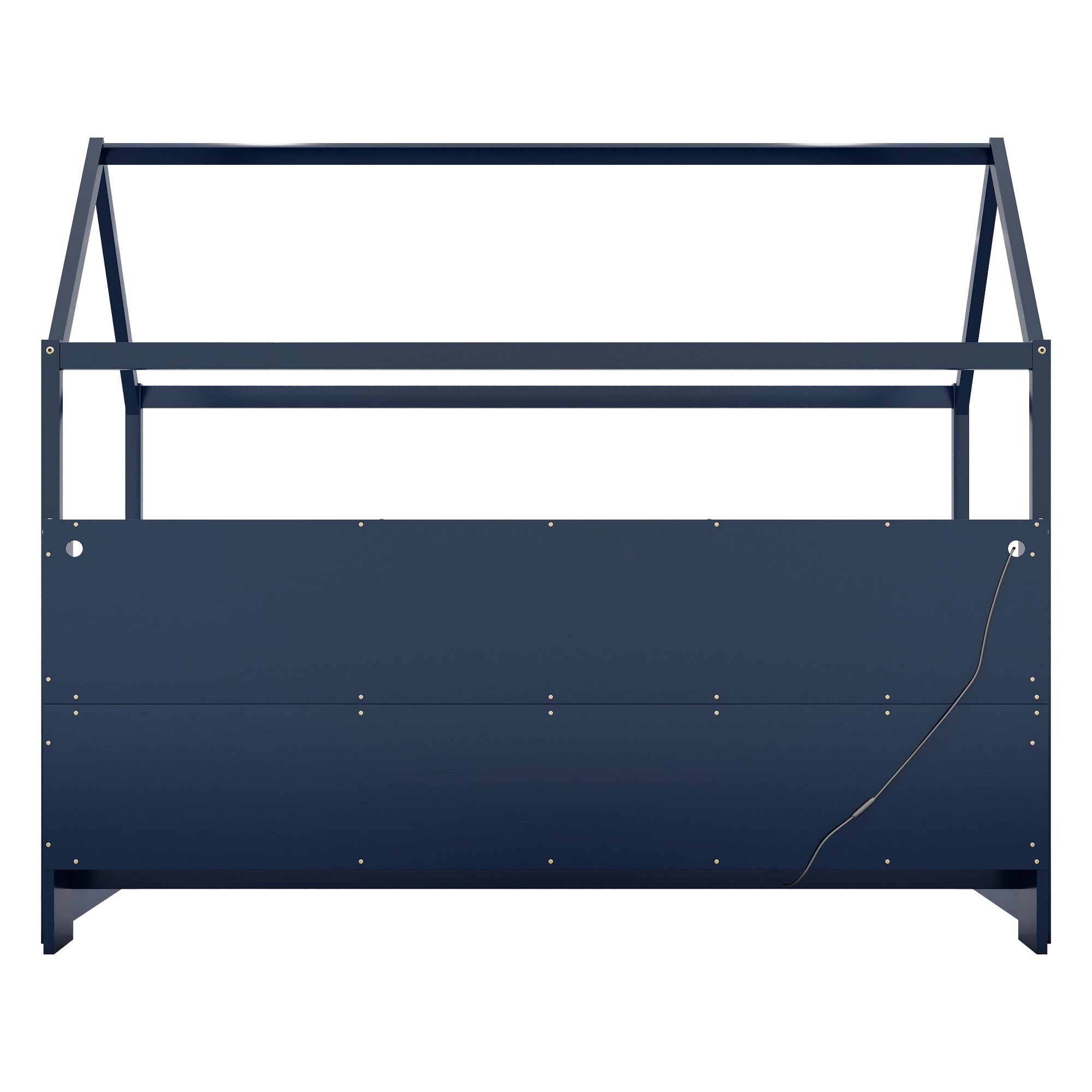 Twin Size House Bed with LED Light, Wood House Bed with Storage Bookshelf, Floor House Bed with Guardrails for Kids, Navy Blue (Expect Arrival Date 2025/3/14)