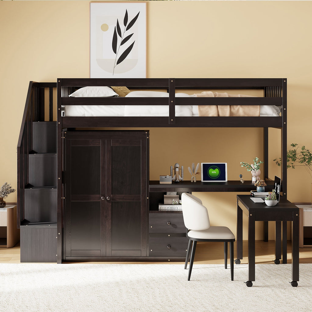 Twin Size Loft Bed with Stairs, Bookshelf, Drawers, Desk & Wardrobe – Space-Saving Multifunctional Furniture for Kids & Teens-Espresso