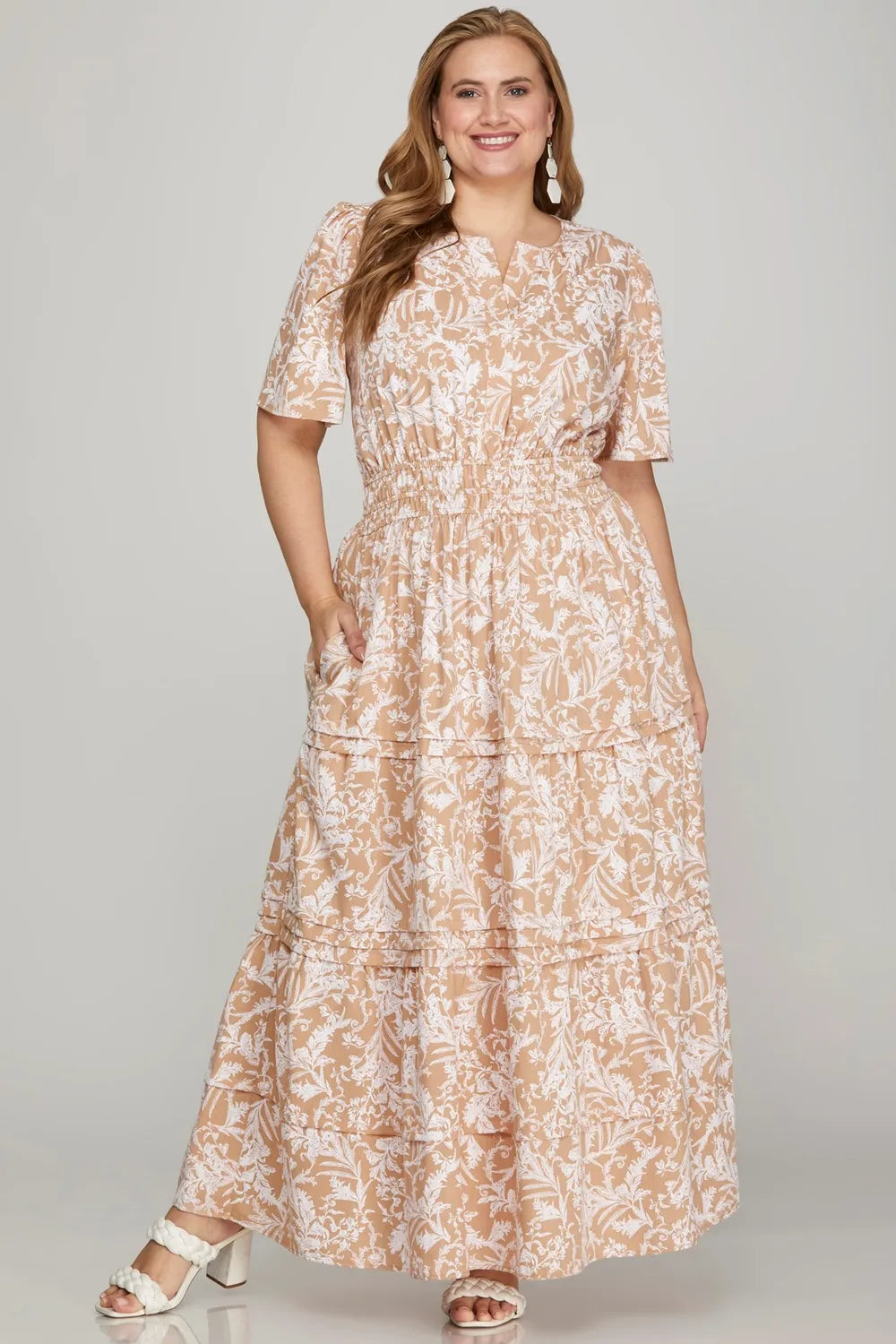She + Sky Printed Notched Woven Tiered Pintuck Maxi Dress with Side Pockets
