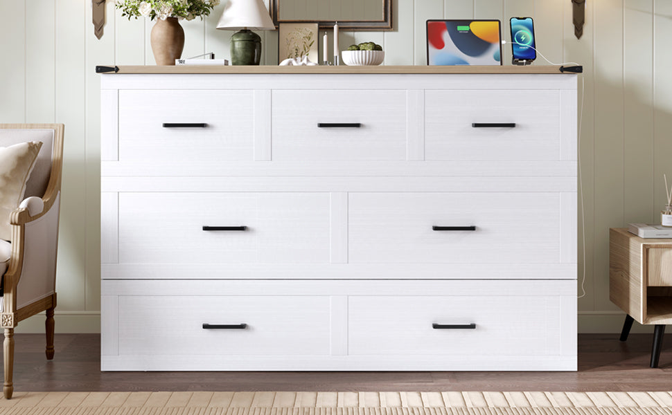 Murphy Bed Cabinet Queen Size with Charging Station, Multi-Functional Foldable Platform Bed with 1 Large Storage Drawer for Guest Room, Small Bedroom, White