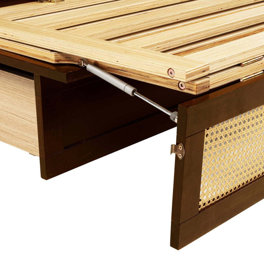 Queen Size Murphy Bed, Pine Wood Cabinet Bed with Rattan Decoration and Storage Drawer,Walnut