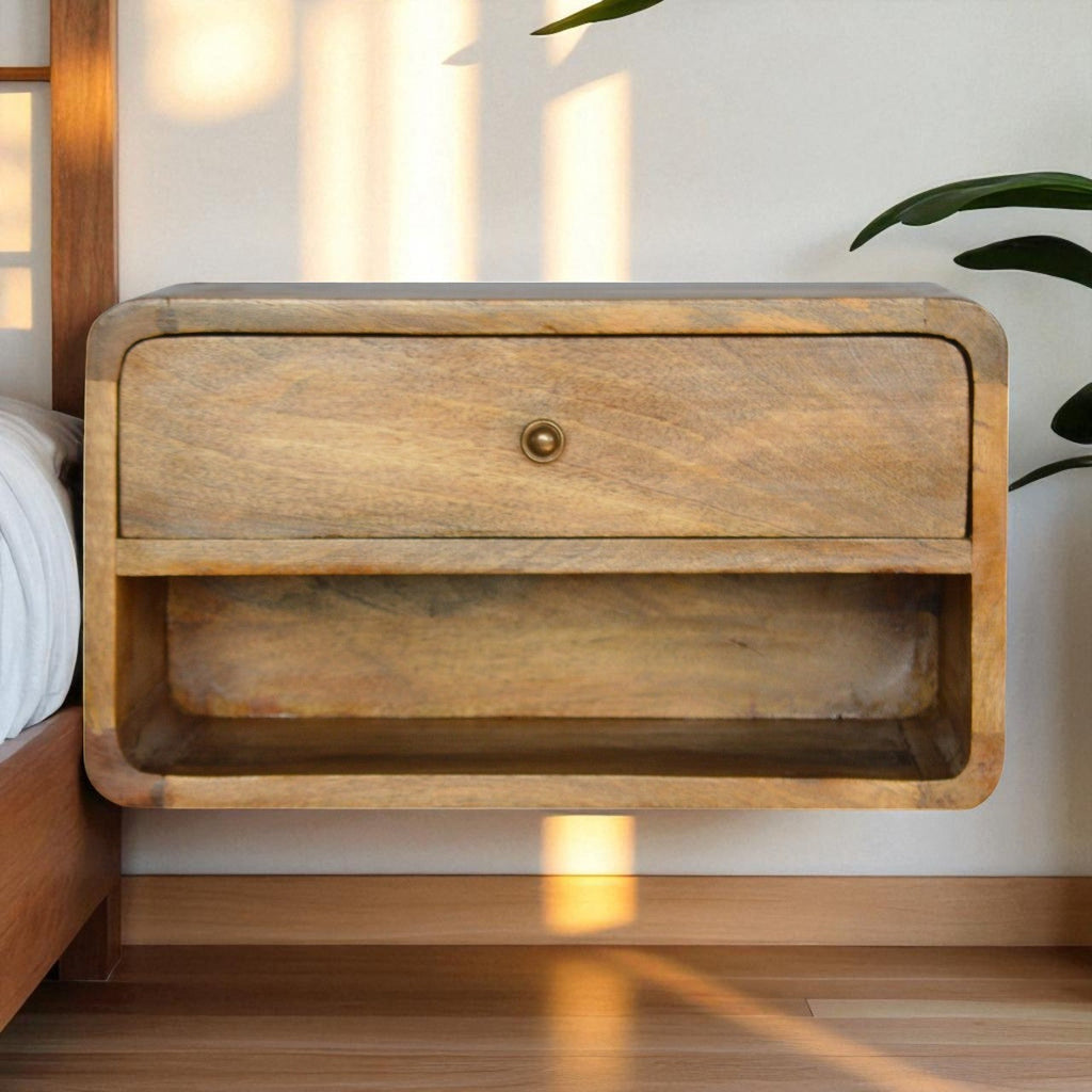 Solid Wood Floating Curve Open Slot, 1-Drawer, Nightstand, Oak