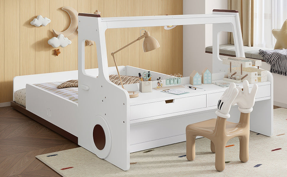 Full Size Floor Bed with Interesting Car-shape Design, Kids Car Floor Bed with Storage Drawers, Window, and Desk, Childlike Design, White