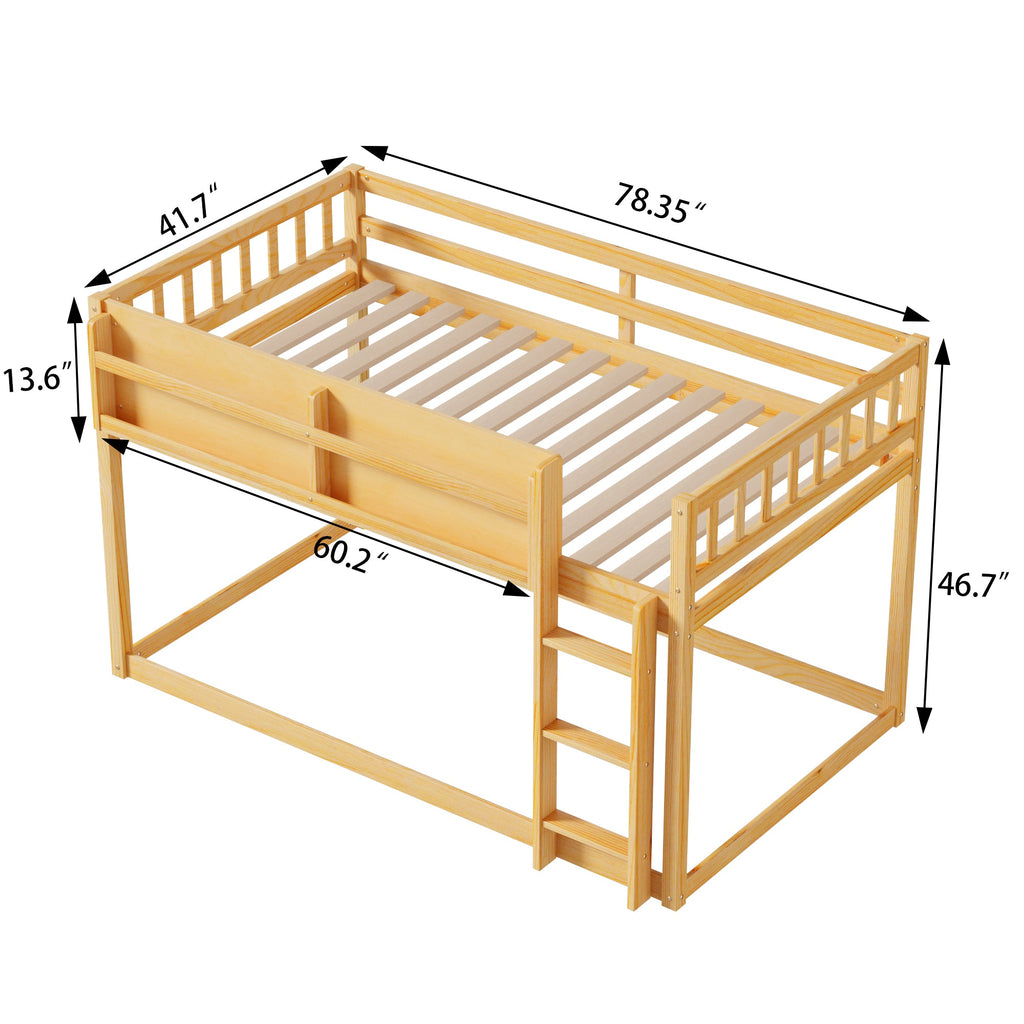 Low Twin Over Twin Bunk Bed, Floor Bunk Bed with Ladder, Solid Wood Twin Bunk Bed for Kids & Juniors, Natural(Expect Arrival Date 2025/11/25)