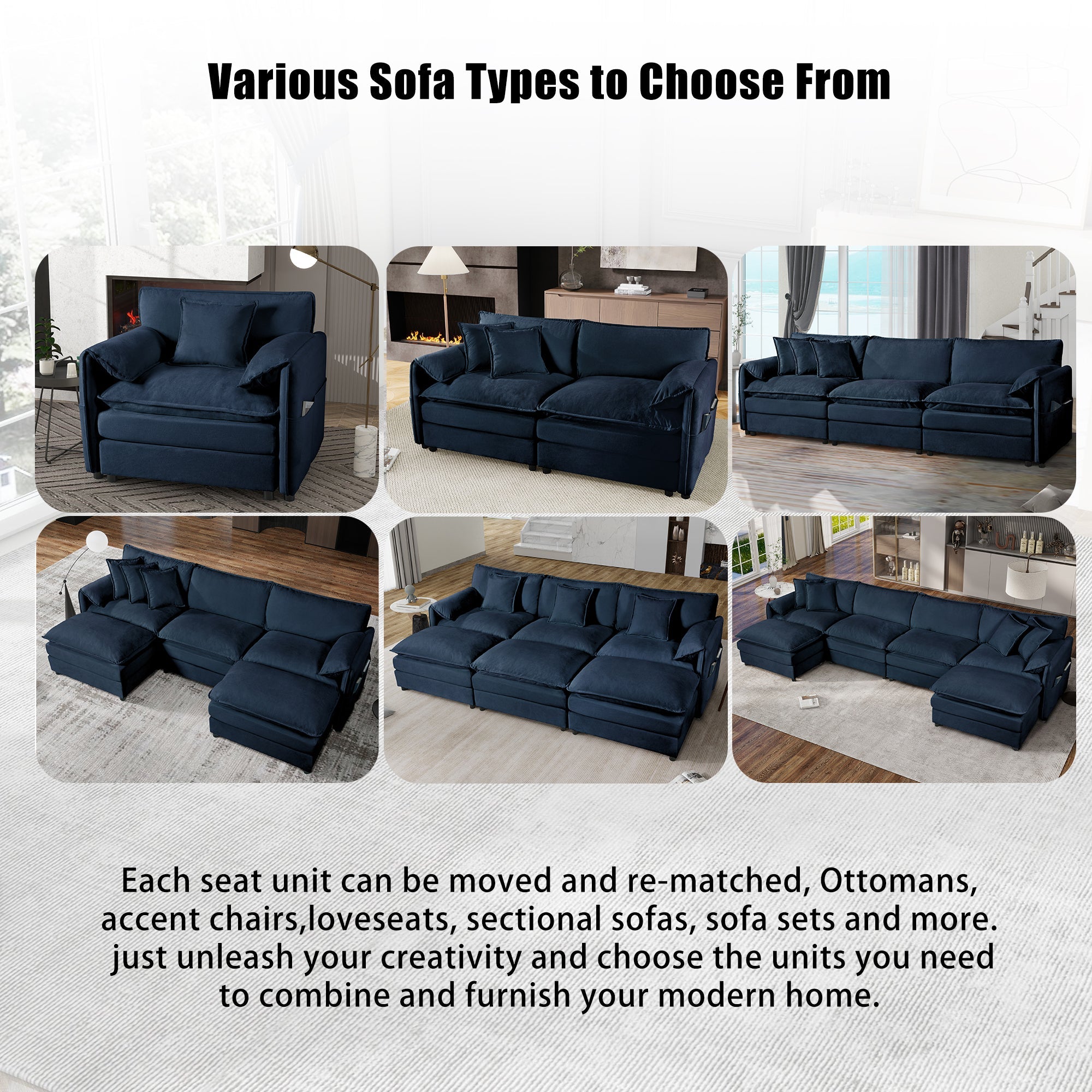 Deep Seat Sectional Cloud Sofa with 2 Ottomans & Soft Pillows, Loveseat Modular Couch for Living Room, Apartment,DIY Combination,Blue