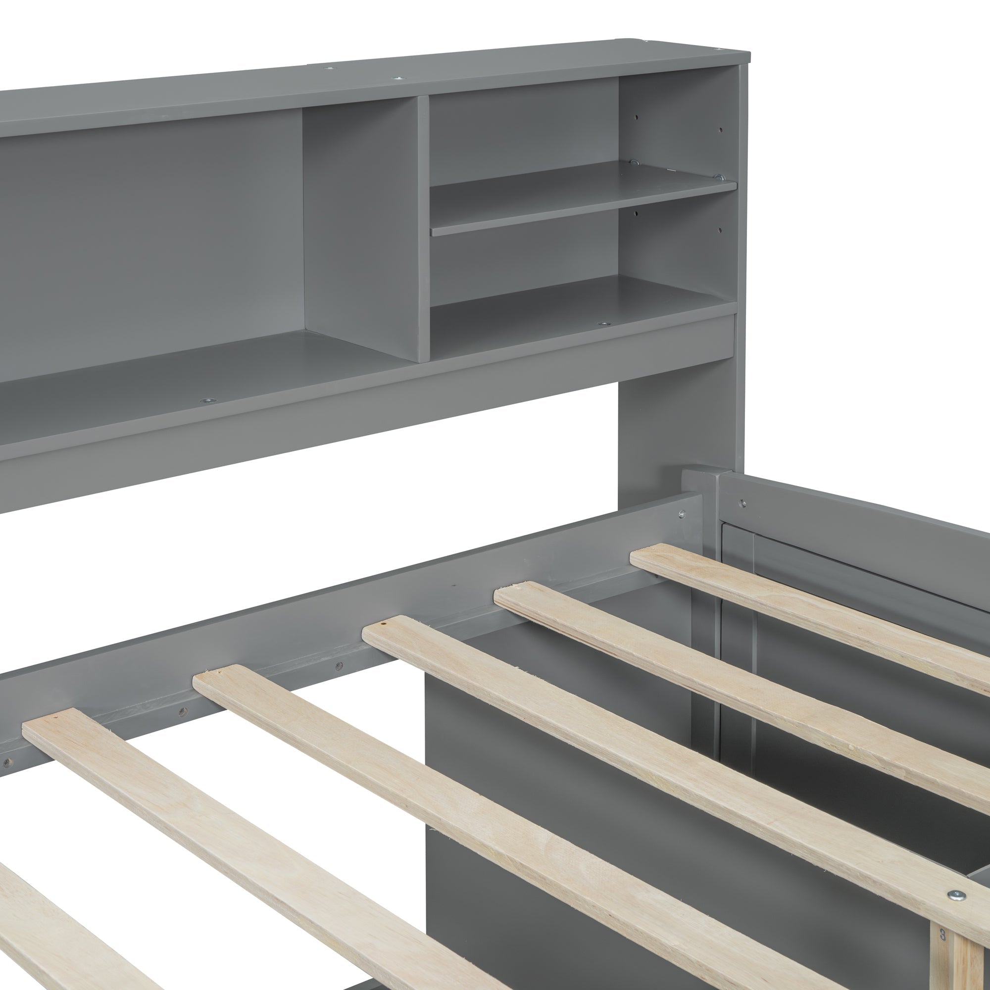 Full Size Wood Daybed with 2 Bedside Cabinets, Upper Shelves and 4 Drawers, Gray