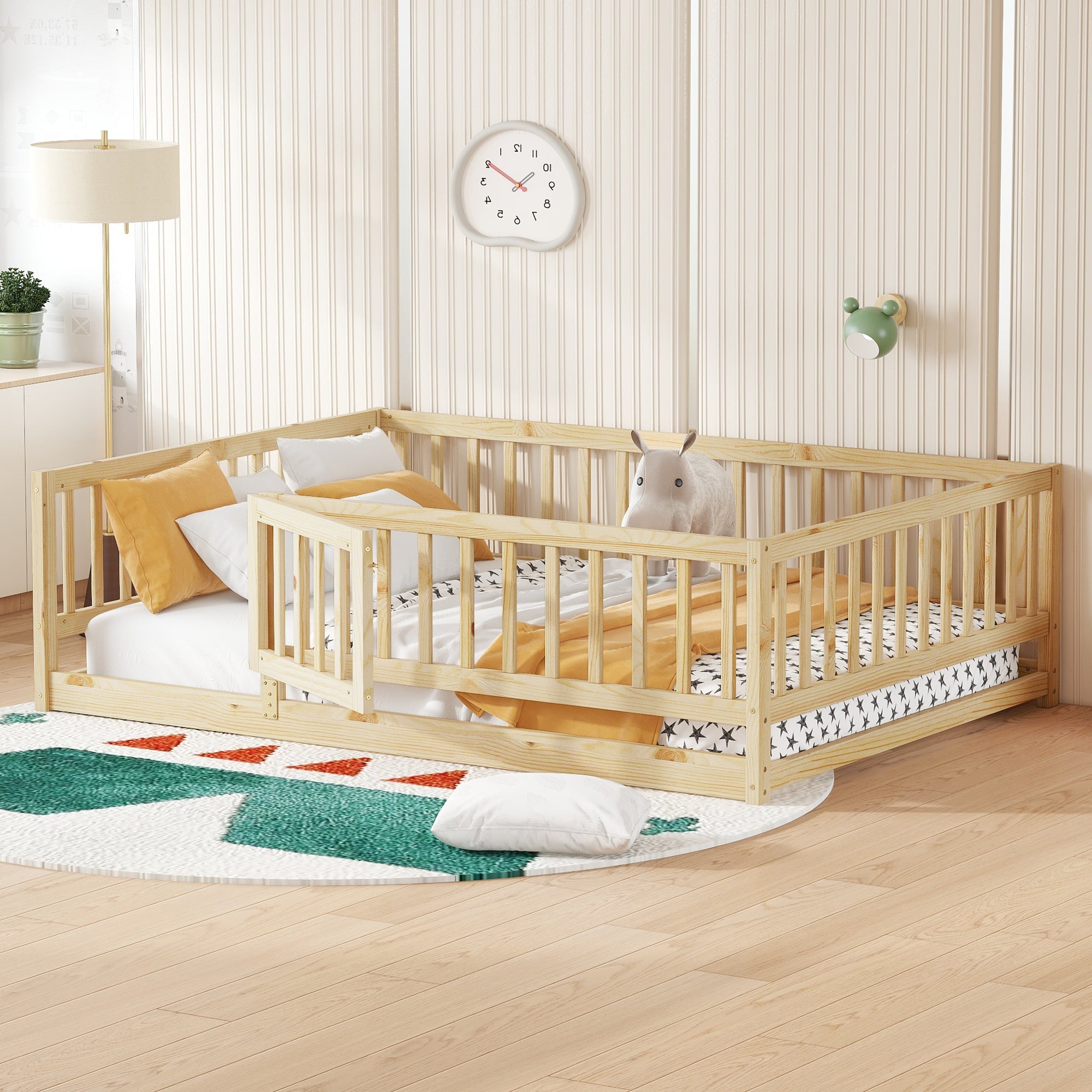 Full Size Floor Bed with Slats, Montessori Floor Bed with Fence and Door, Kids Montessori Bed Full Size, Wood Montessori Floor Bed for Kids, Girls, Boys,Oak