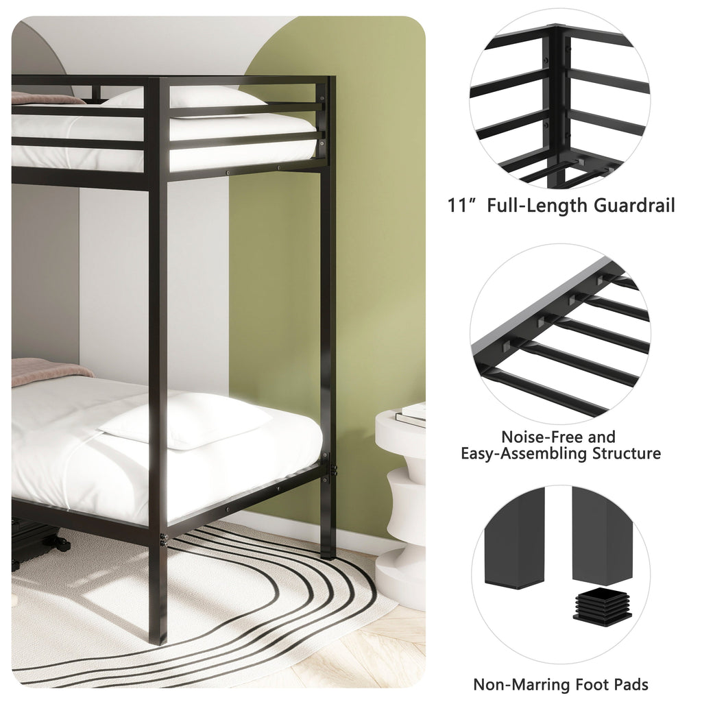 Adam Sturdy Twin Over Twin Bunk Bed Metal Black for Kids and Adult, Twin Over Twin Bunk Bed with Ladder and Guardrails, Easy Climbing, Beds for Bedroom