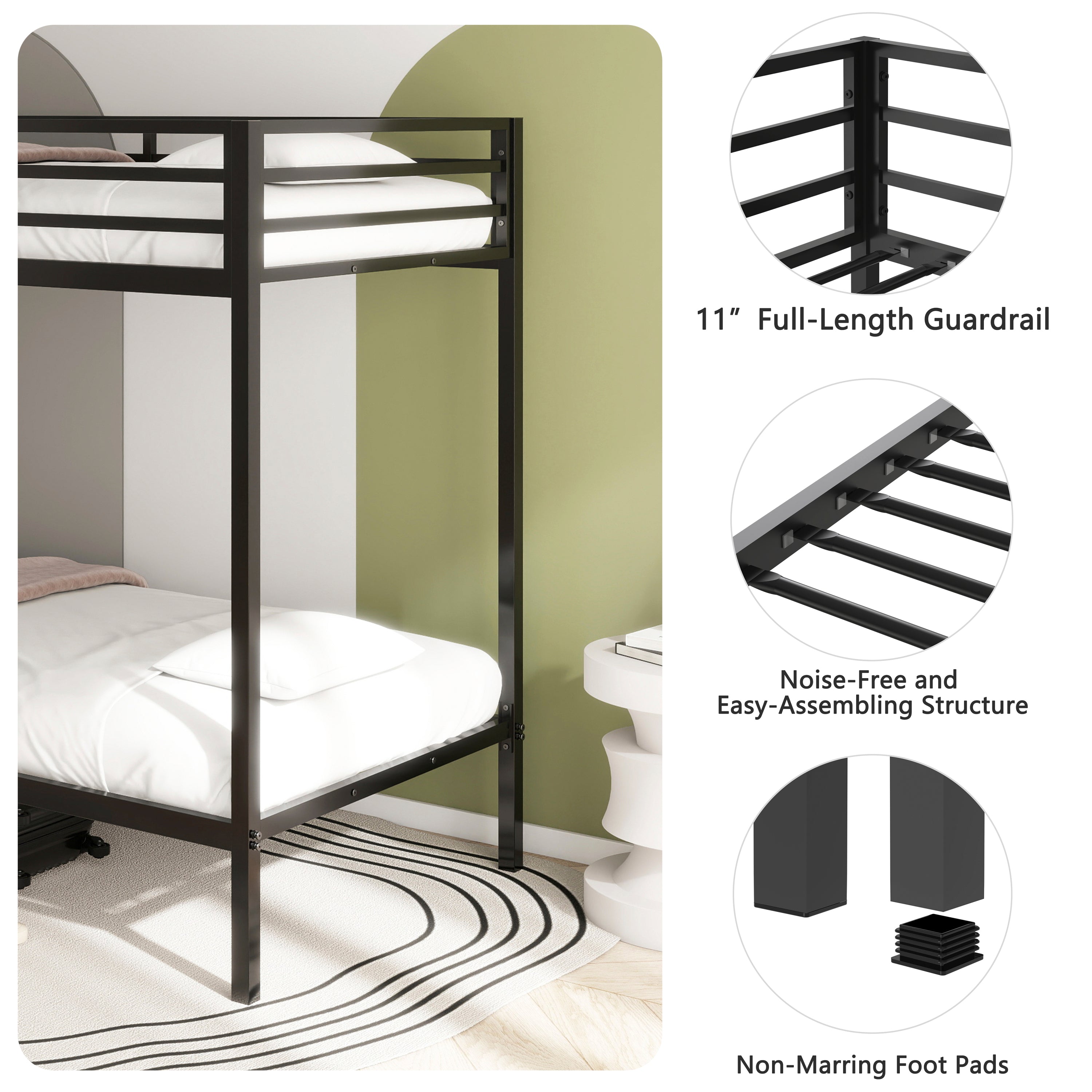 Adam Sturdy Twin Over Twin Bunk Bed Metal Black for Kids and Adult, Twin Over Twin Bunk Bed with Ladder and Guardrails, Easy Climbing, Beds for Bedroom