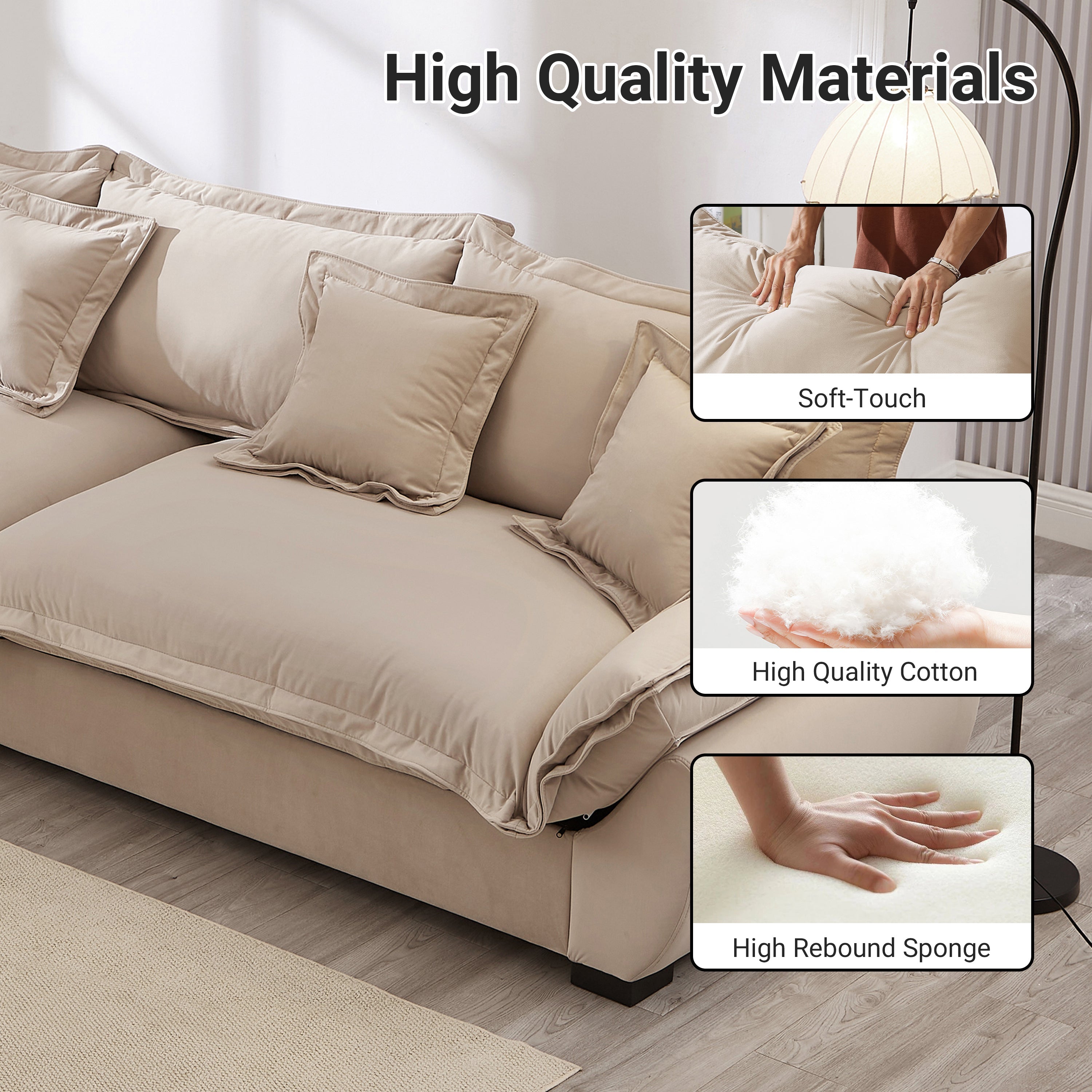 Modular Sectional Sofa, Sailing Design Sofa with Storage, Removable Backrest, Modern Deep Seat Sofa with Throw Pillows for Living Room Bedroom Apartment,Light Khaki