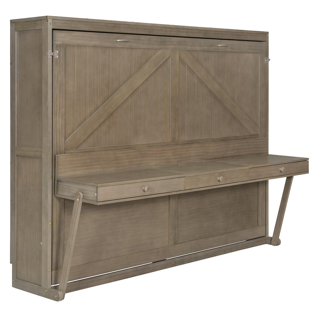 Queen Size Wall Murphy Bed with Storage, Foldable Cabinet Bed with Vanity Desk, Center Mirror & 2 Side Drawers, Distressed Gray