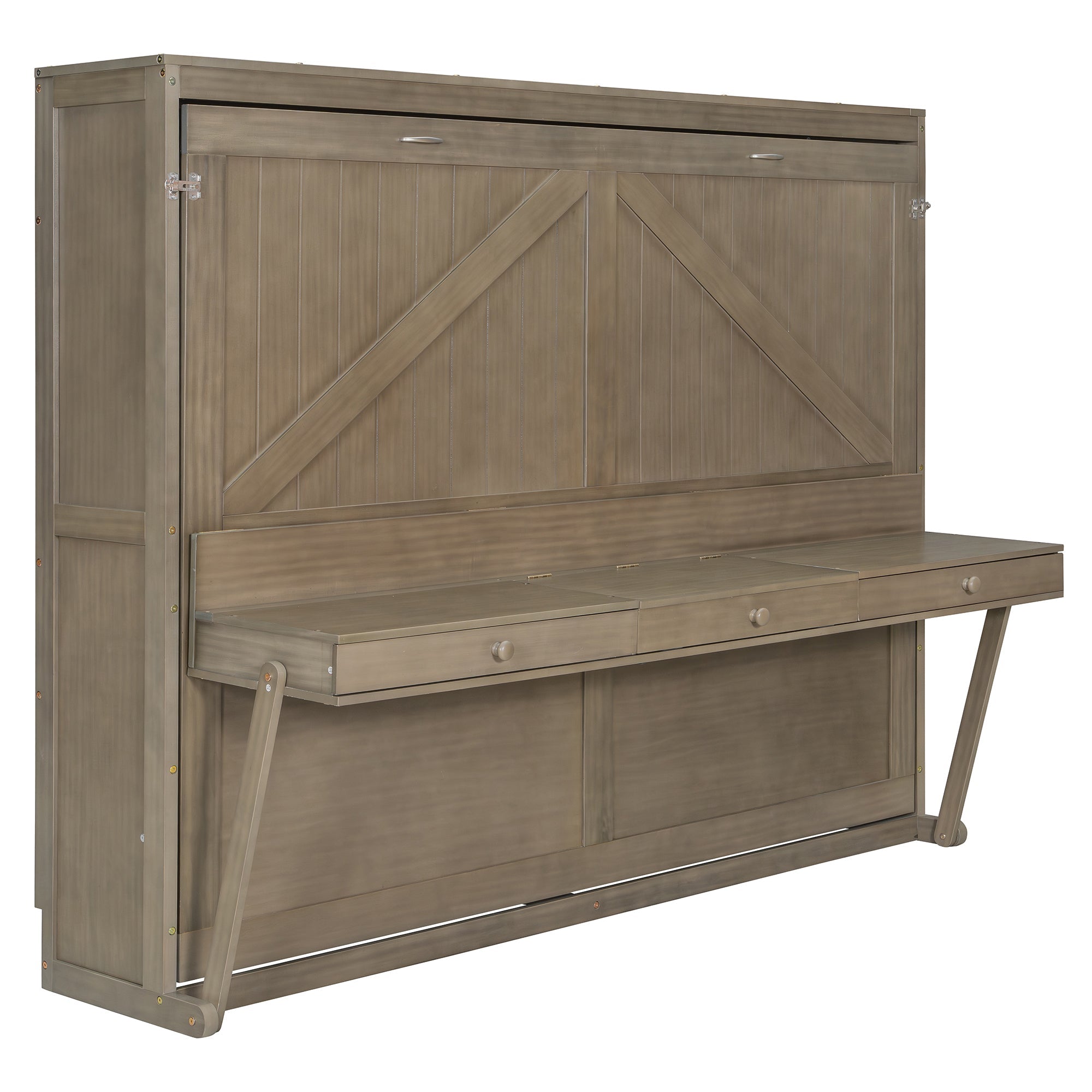 Queen Size Wall Murphy Bed with Storage, Foldable Cabinet Bed with Vanity Desk, Center Mirror & 2 Side Drawers, Distressed Gray