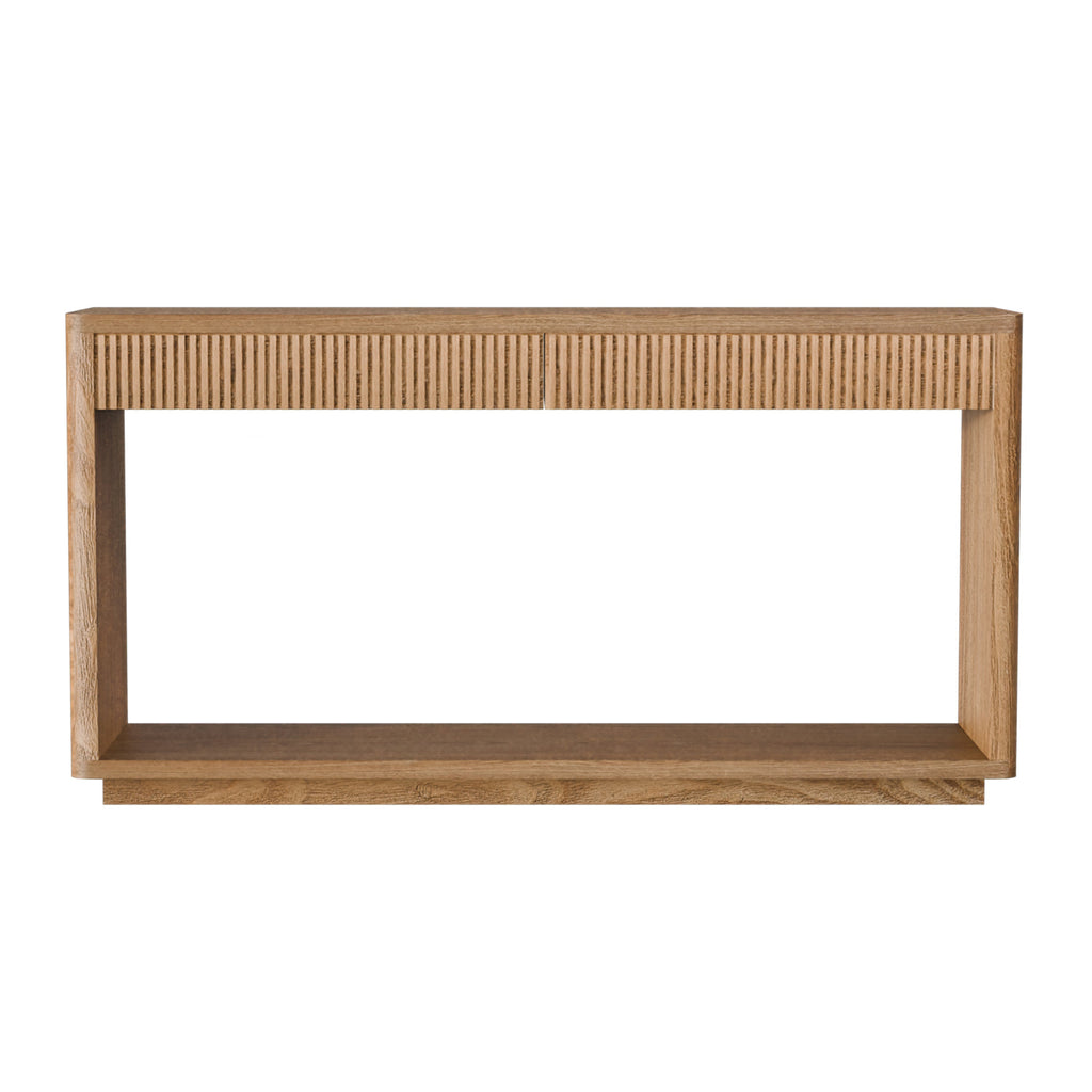 60' Modern 2-Drawer Fluted Console Table Natural Wood Veneer Sofa Table Behind Couch Table for Living Room, Hallway, Entryway, Home Office, Natural Wood