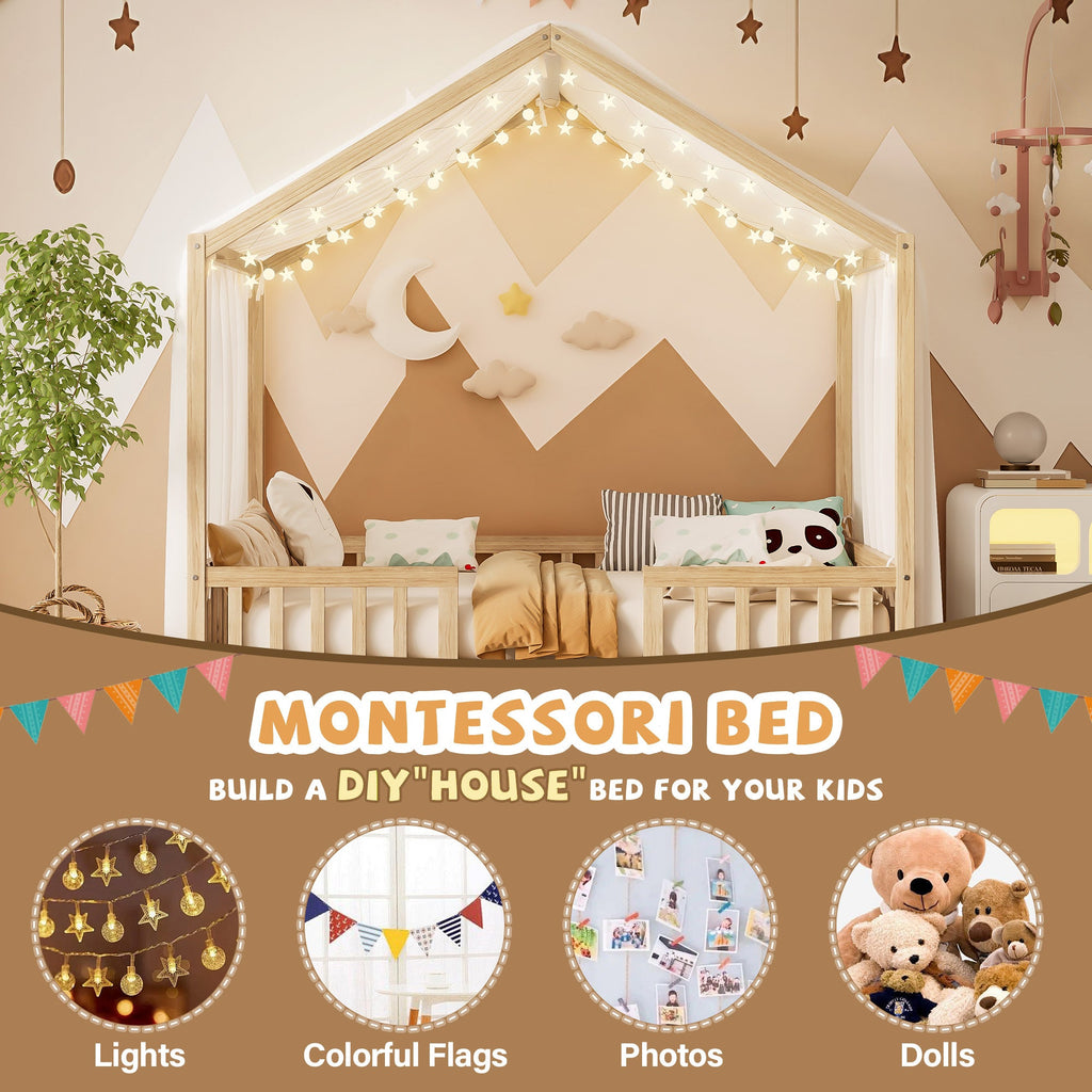 Montessori Floor Bed with Canopy, Full Bed Frame for Kids, House Shape Kids Bed Frame with High Railings, Wood Kids Bed with Roof, Kid Full Bed, Natural