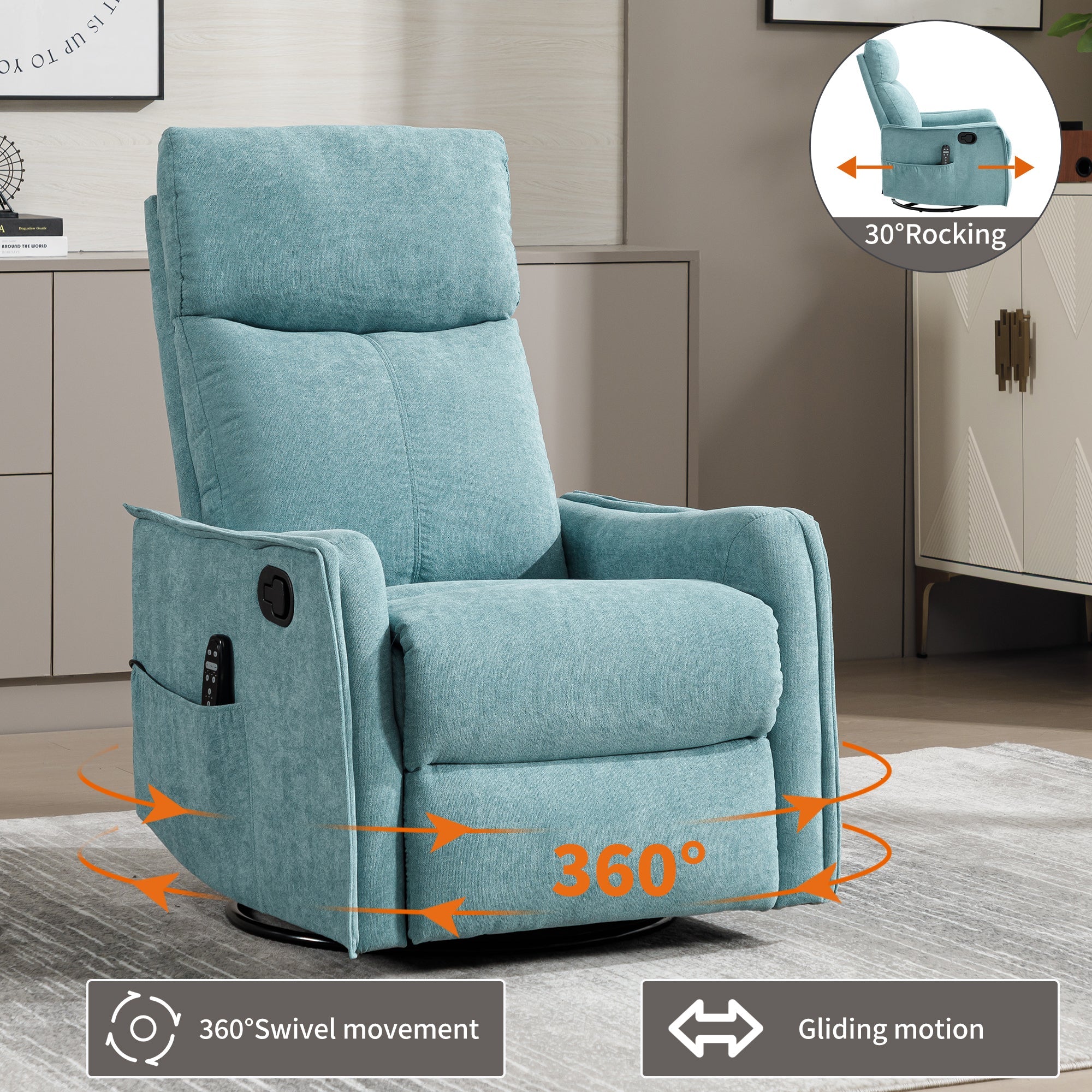 Heat Massage Manual Recliner Chair with Rocker and Swivel in Fabric for Living Room, Blue-Green