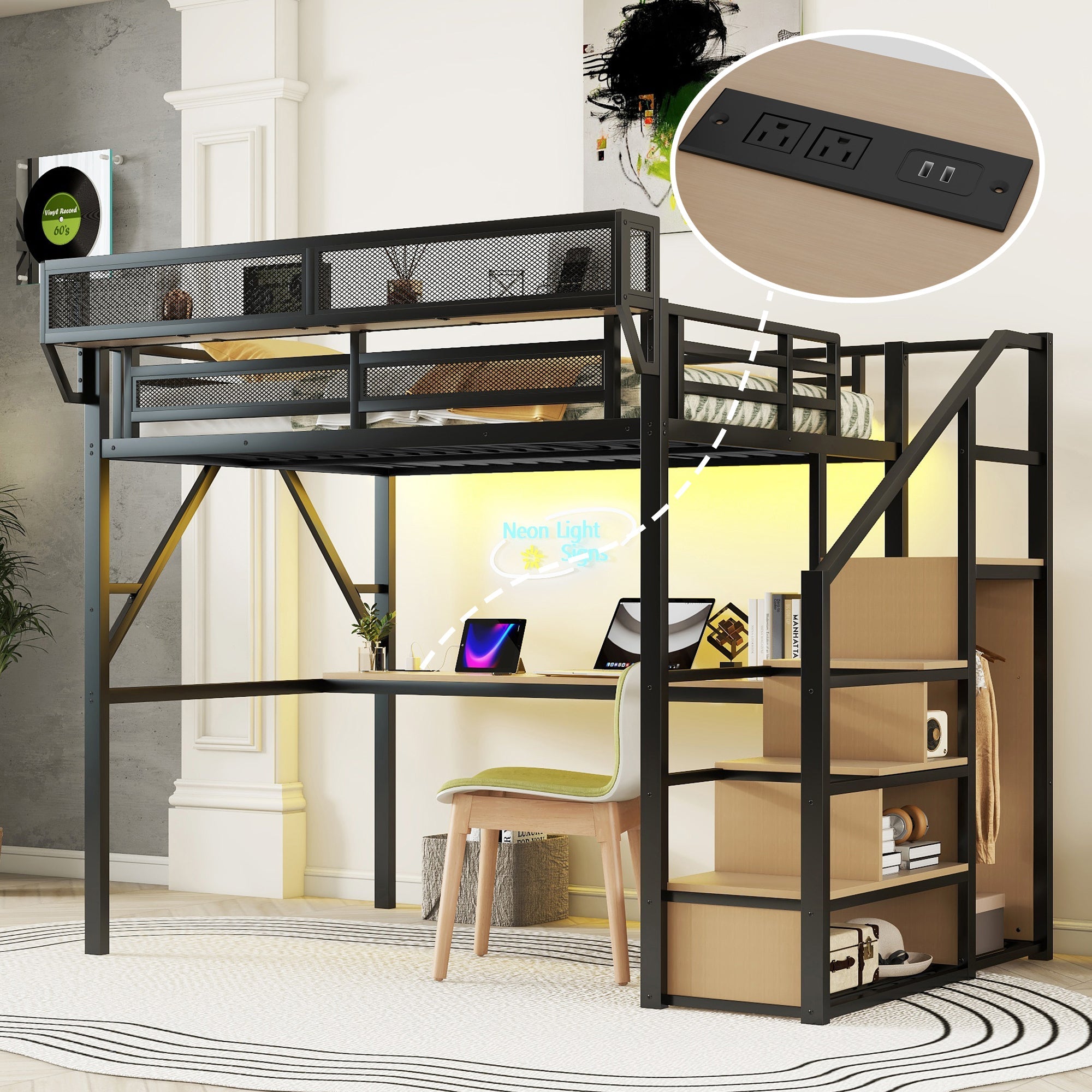 Full Loft Bed with Desk and Charging Station, Full Size Metal Loft Bed with Stairs and Light for Kids Teens, Black, Patent Products