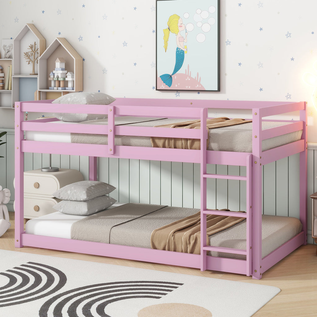 Solid Wooden, Solid Rubber Wooden Twin over Twin Floor Bunk Bed with Ladder, with Bed Platform of Strengthened Slats , Pink