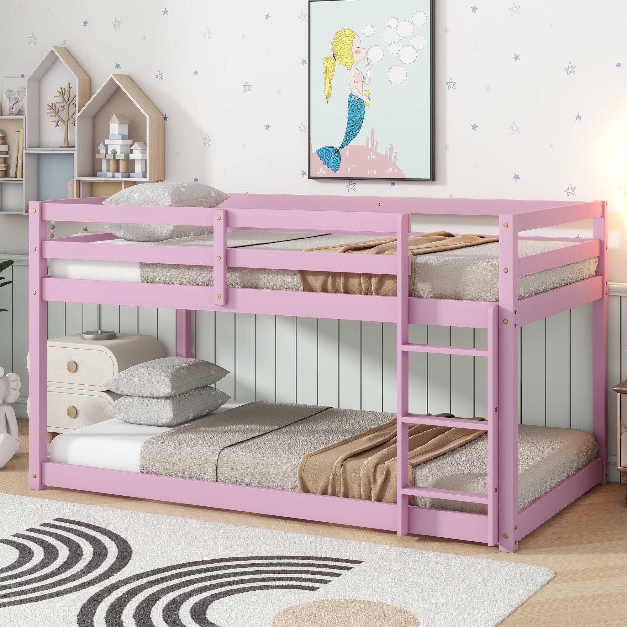 Solid Wooden, Solid Rubber Wooden Twin over Twin Floor Bunk Bed with Ladder, with Bed Platform of Strengthened Slats , Pink