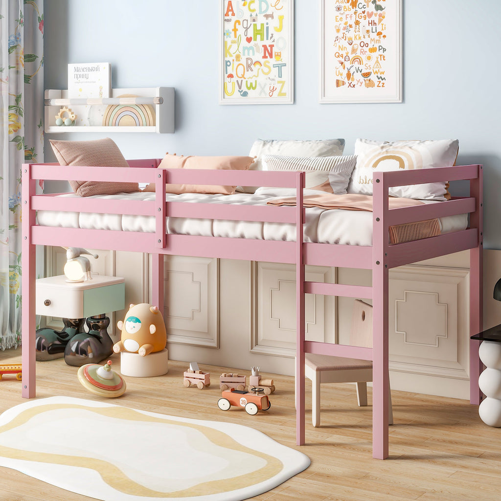 Solid Wooden, Rubber Wooden Twin Loft Bed with Ladder, Bed Platform of Strengthened Slats, Pink