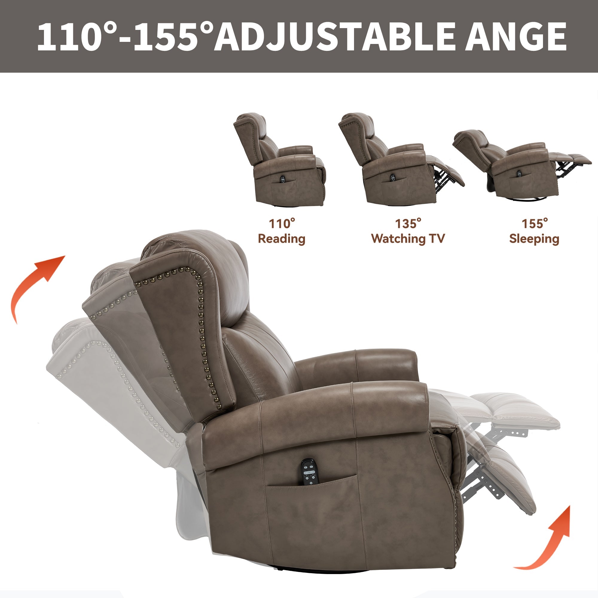 Heat Massage Manual Recliner Chair with Rocker and Swivel in Genuine leather for Living Room