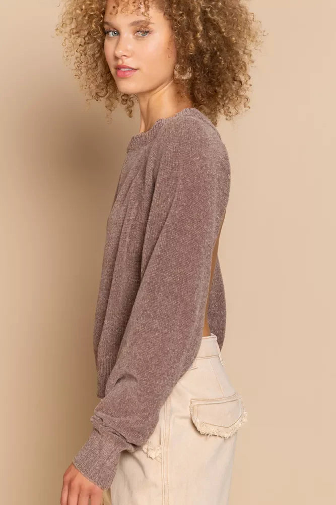 POL Round Neck Backless Sweater with Ribbed Edge