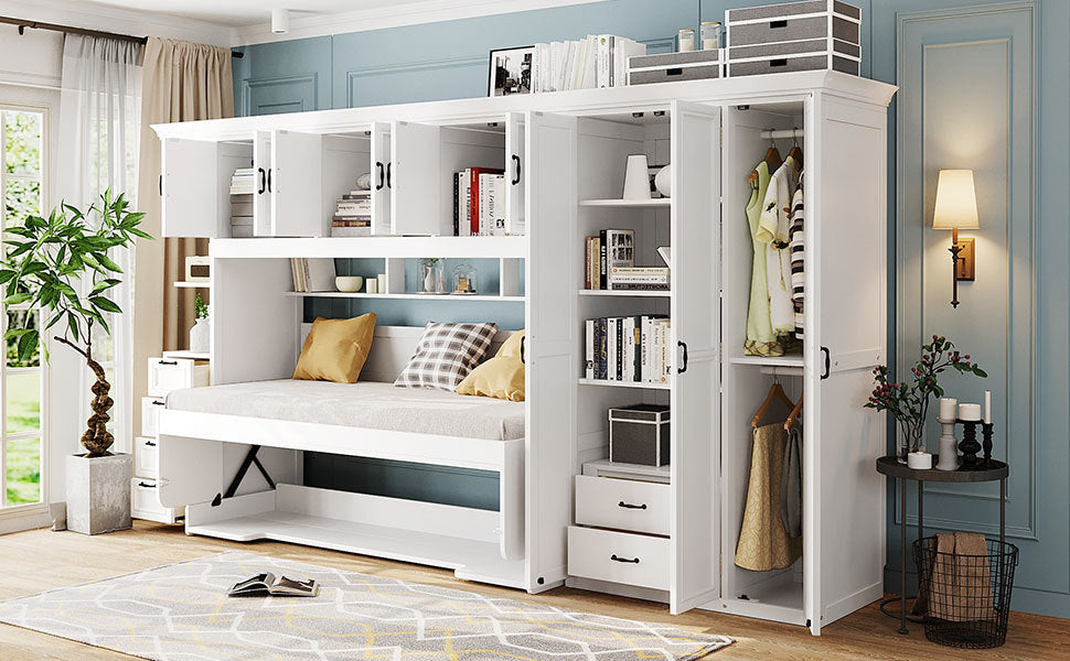 Twin Size Murphy Bed Wall Bed with Wardrobe, Cabinet and Desk, White