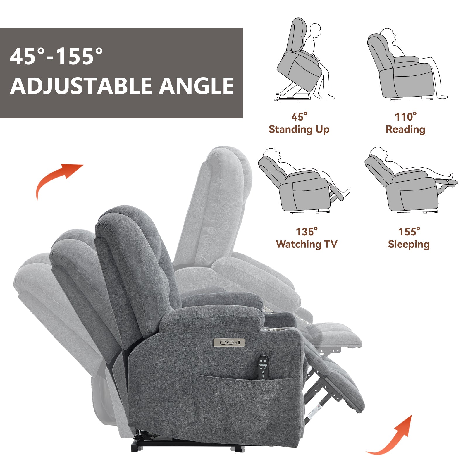 Lift Recliner Chair with Massage and Heat for Elderly, Overstuffed Wide Recliners, Heavy Duty Motion Mechanism with USB and Type C Ports, 2 Steel Cup Holders, Blue Grey