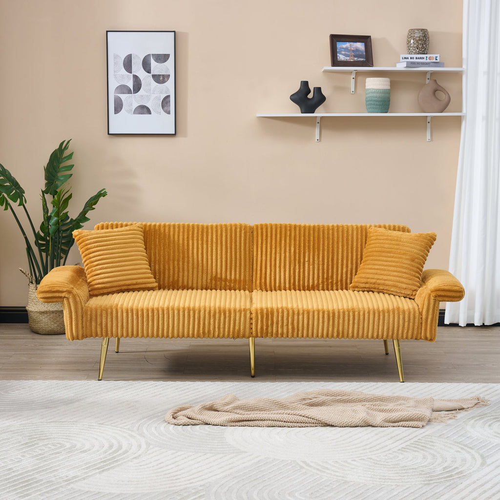 Luxury Corduroy Foldable Double Sofa Bed with Folding Armrests, Yellow, Solid Wood Frame, 79 Inch
