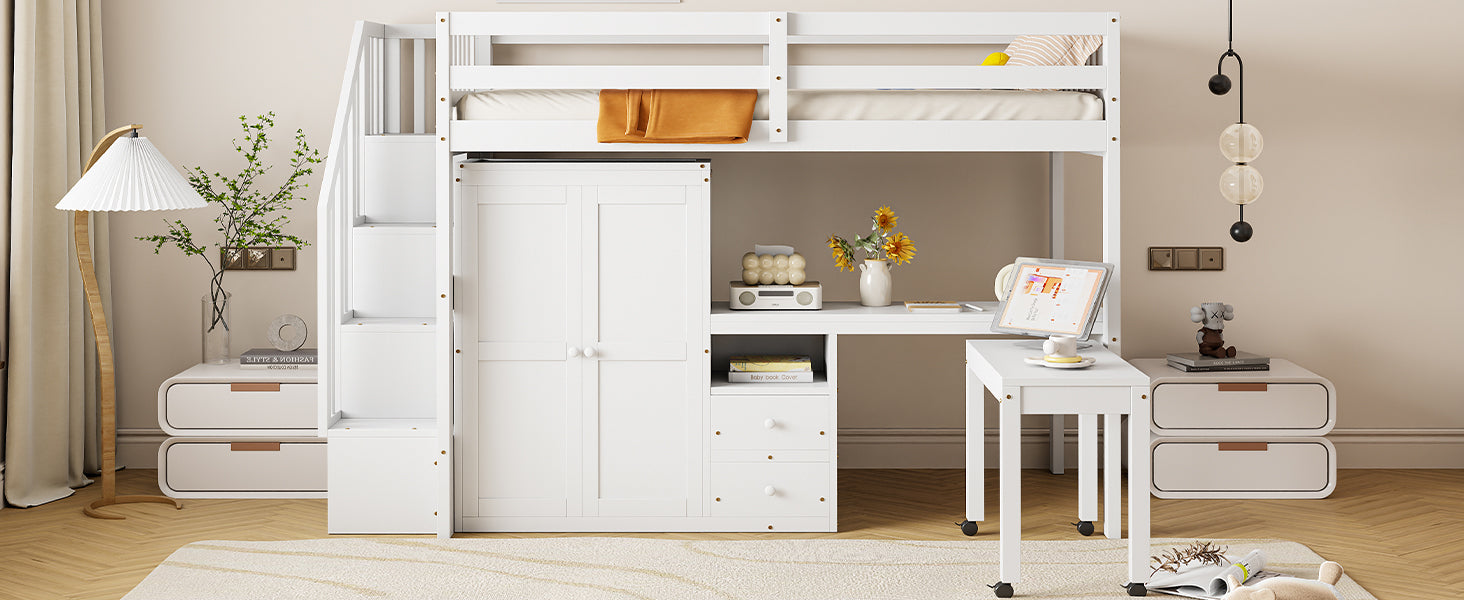 Twin Size Loft Bed with Stairs, Bookshelf, Drawers, Desk & Wardrobe – Space-Saving Multifunctional Furniture for Kids & Teens-White