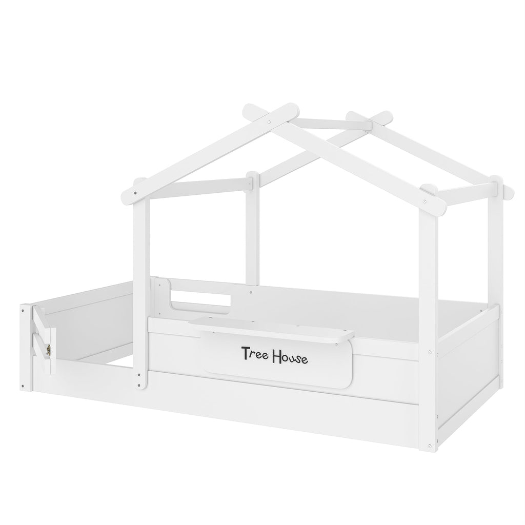 Twin Size Floor Bed with Guardrails and Roof, Kids House Floor Bed with a Small Built-in Tray and Free-installed Signboard, Childlike Design, White