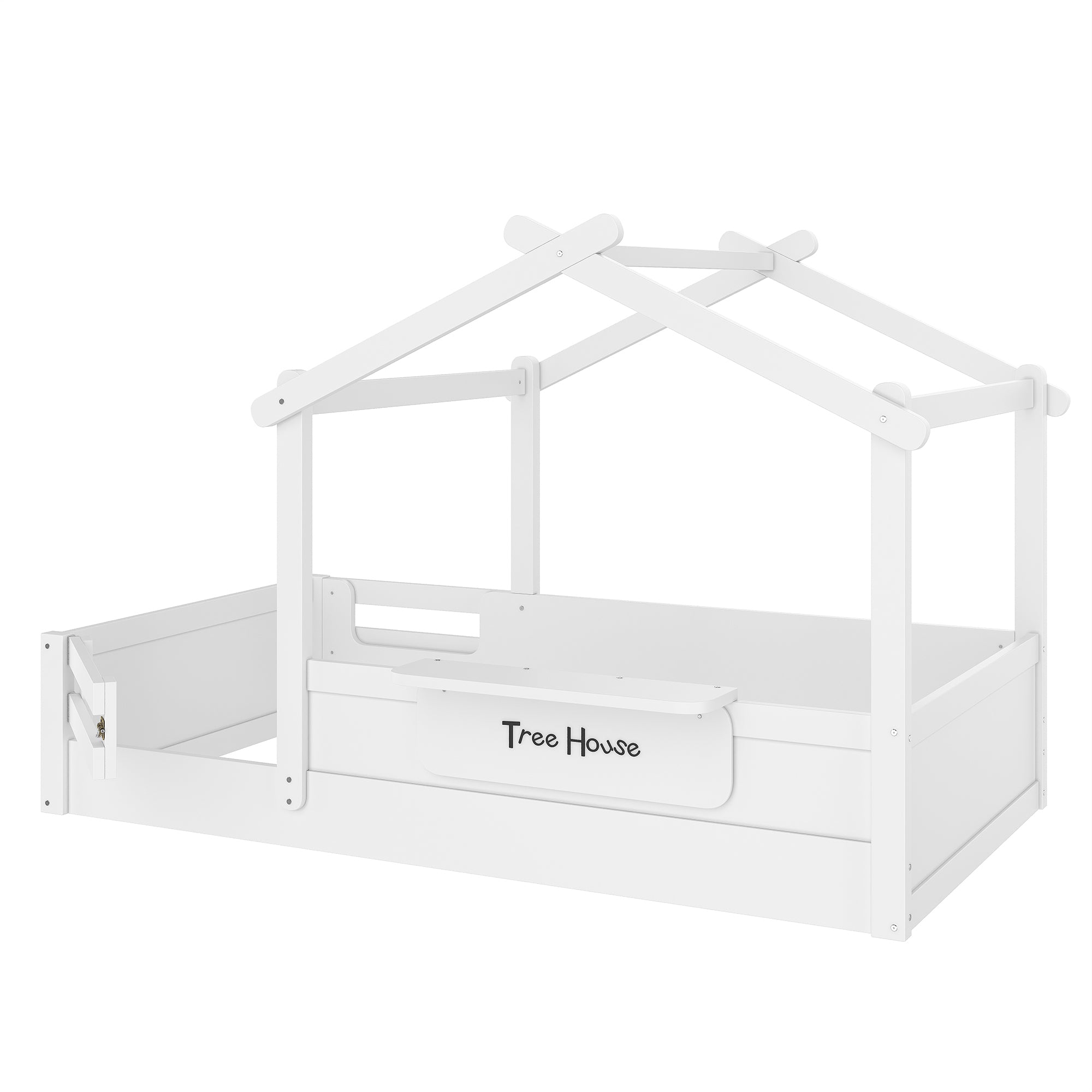 Twin Size Floor Bed with Guardrails and Roof, Kids House Floor Bed with a Small Built-in Tray and Free-installed Signboard, Childlike Design, White