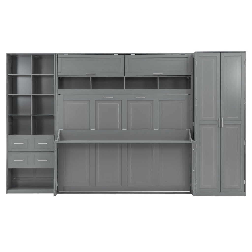 Queen Size Murphy Bed Wall Bed with Closet , Drawers and Shelves,Gray