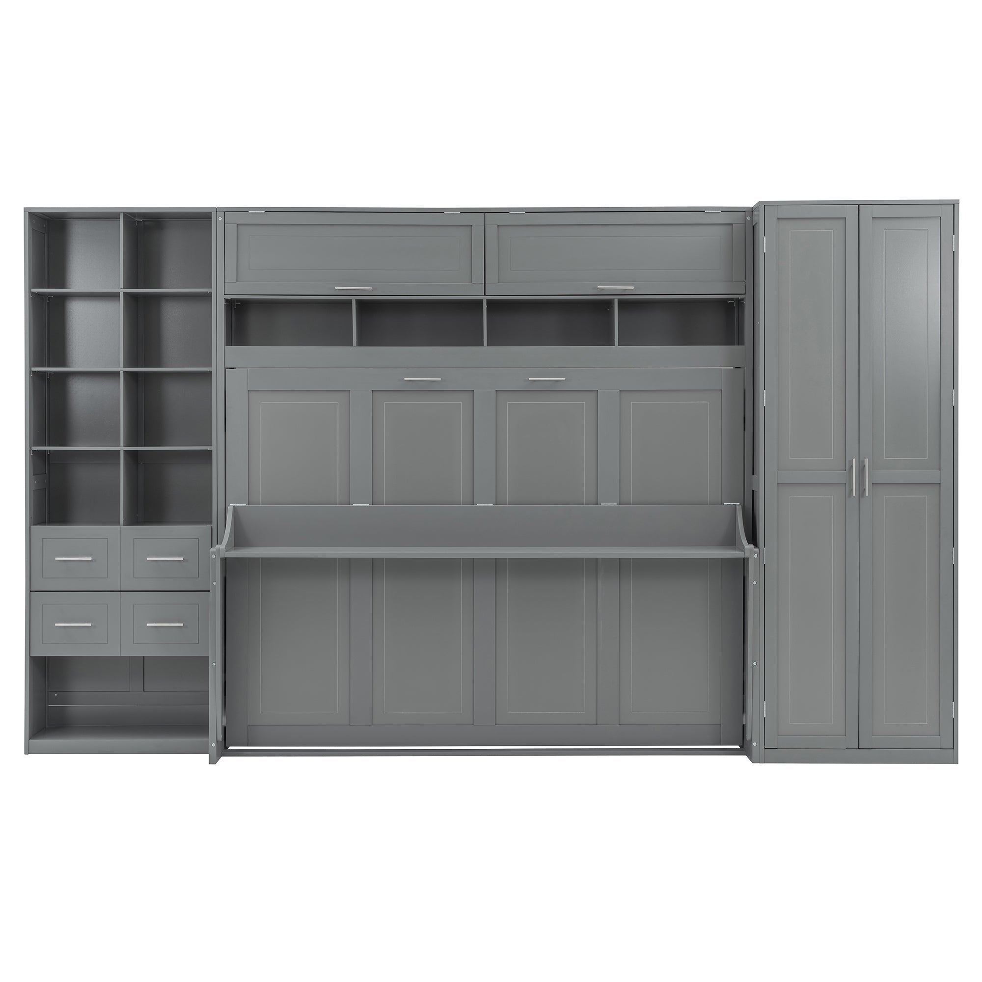 Queen Size Murphy Bed Wall Bed with Closet , Drawers and Shelves,Gray