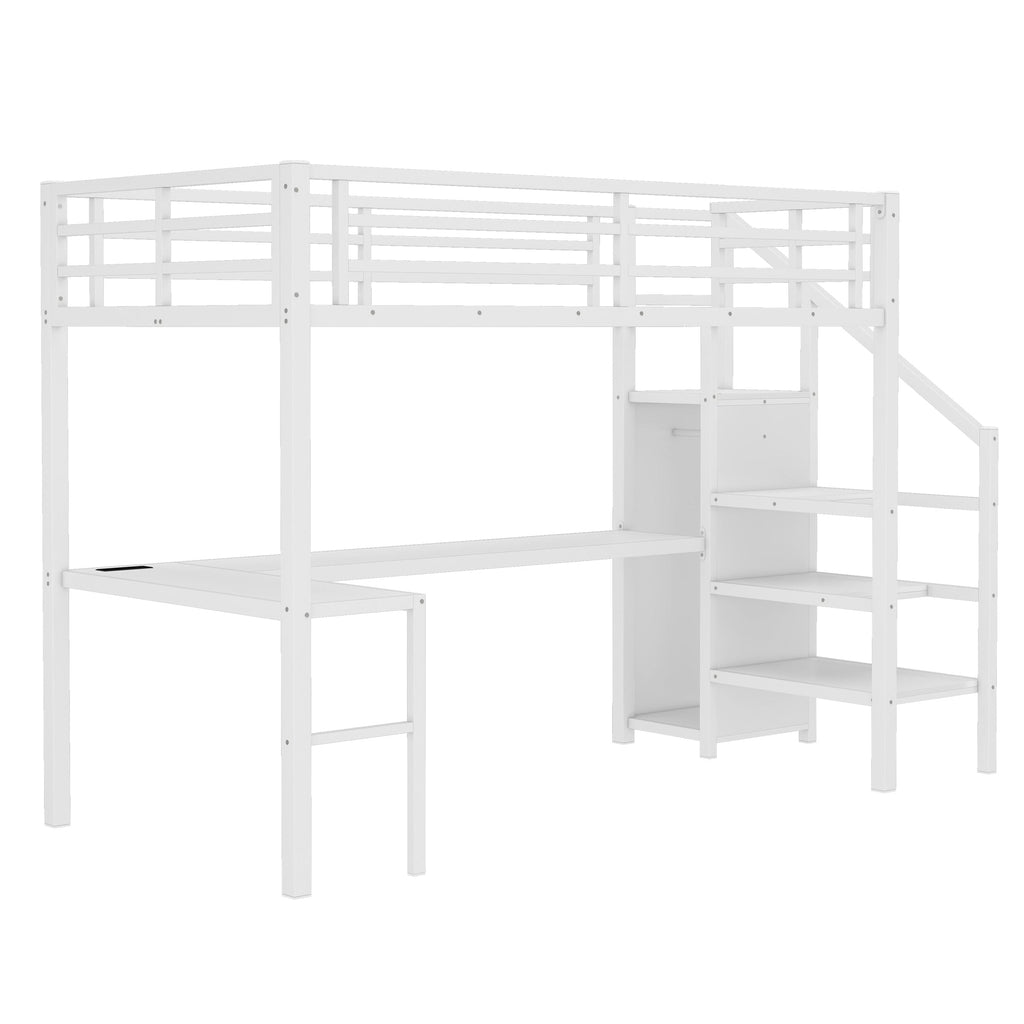 Twin XL Size Loft Bed with L-shaped Desk and USB, Metal Loft Bed with Wardrobe and Adjustable Shelf, High Loft Bed with LED for Kids Teens Adults, White