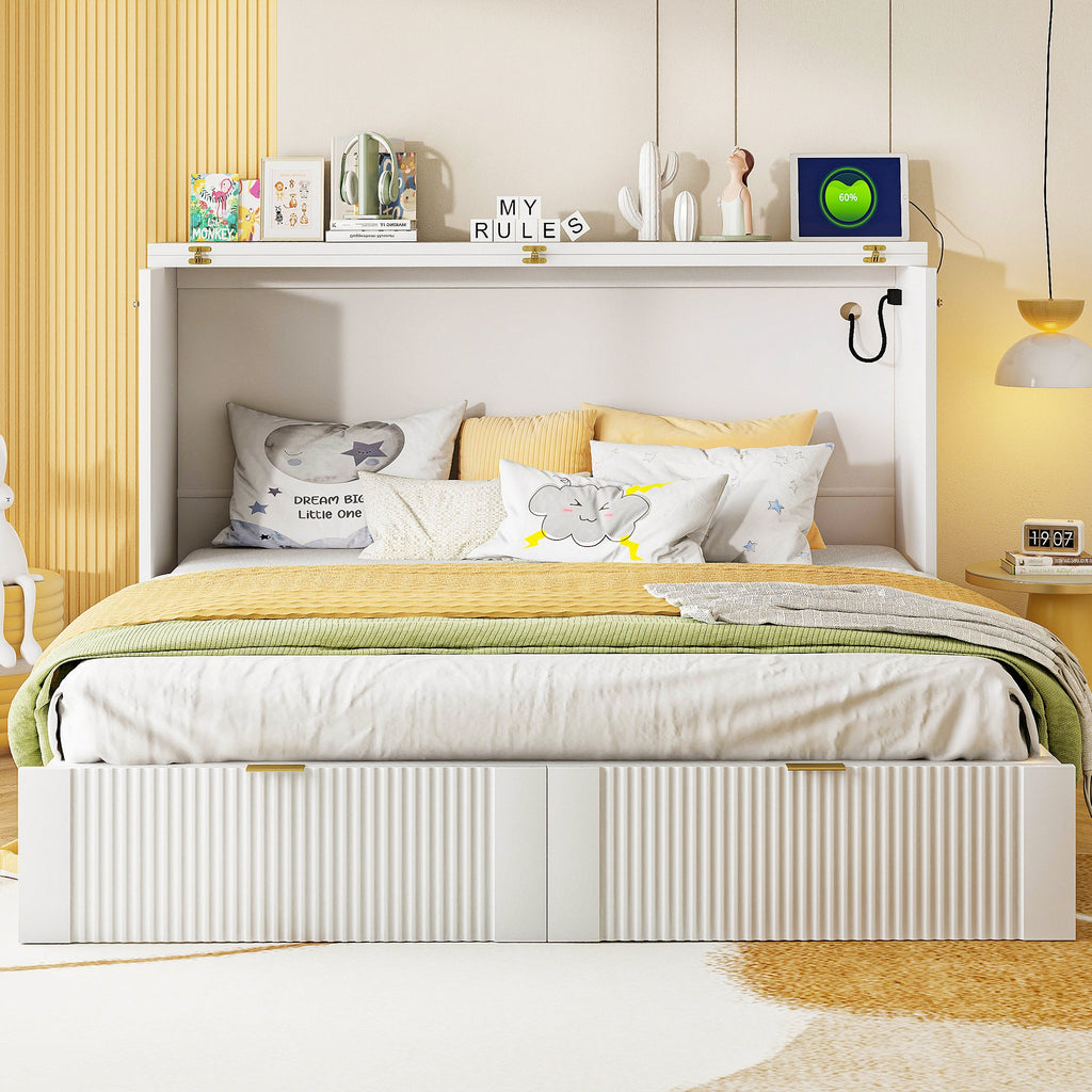 Queen Size Murphy  Bed with drawer and a set of Sockets & USB Ports, Pulley Structure Design, White
