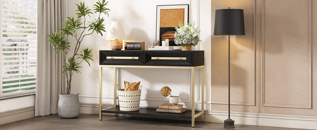 TREXM Entryway Table, Console Table with Two Drawers, Retro Hallway Table with Striking Geometric Design for Entryway and Living Room (Black)
