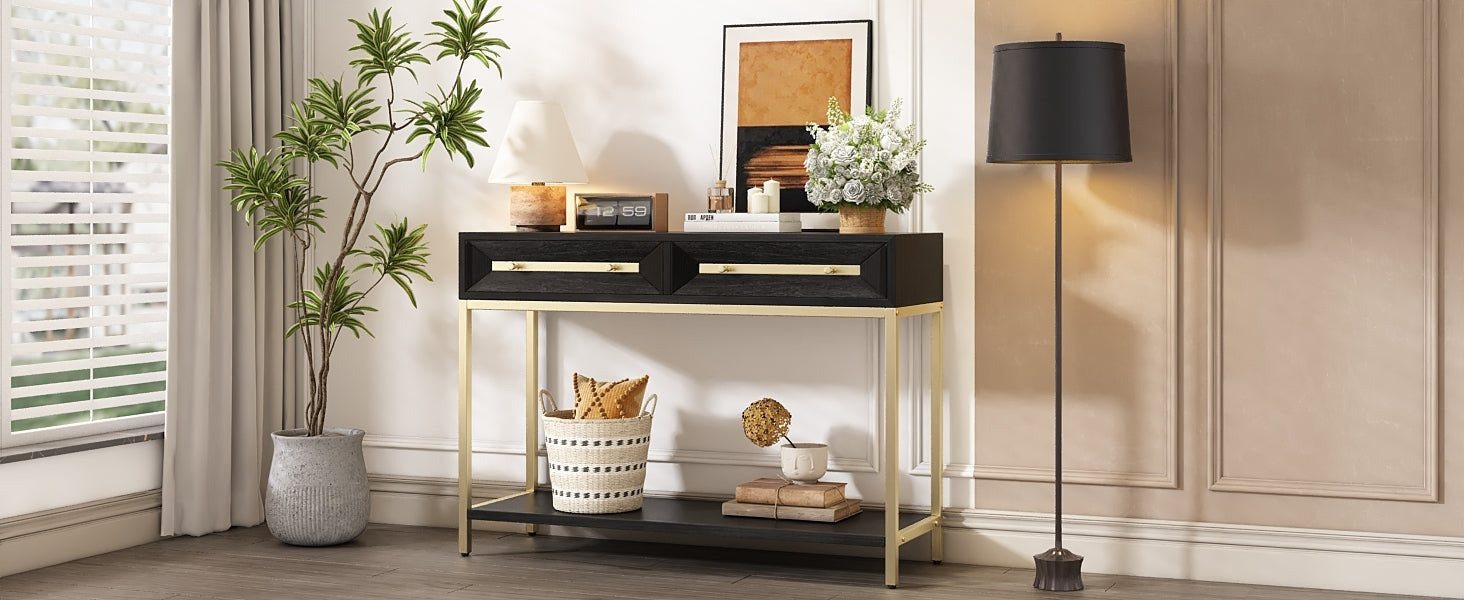 TREXM Entryway Table, Console Table with Two Drawers, Retro Hallway Table with Striking Geometric Design for Entryway and Living Room (Black)