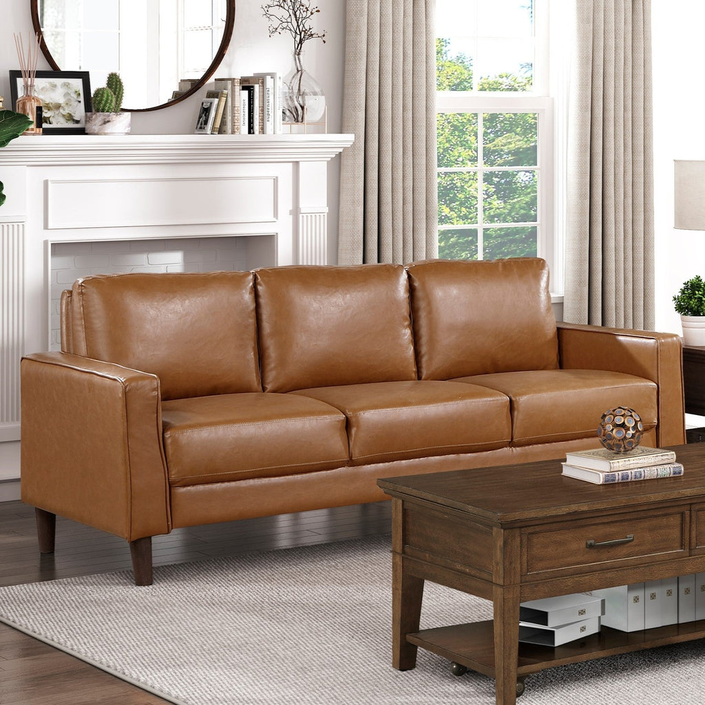 Modern Living Room Furniture 2pc Set Sofa Loveseat Brown Faux Leather Upholstered Cushion Back Seat Solid Wood