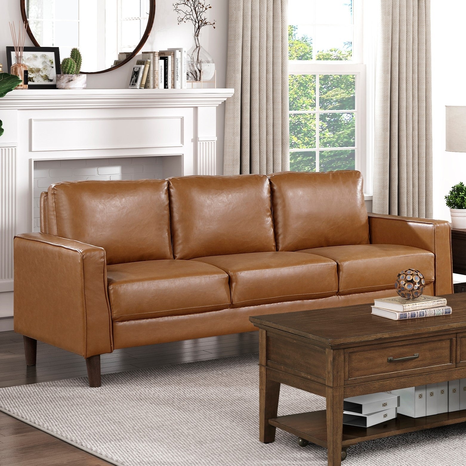 Modern Style Brown Faux Leather Upholstered 3-Seater Sofa Couch Comfortable Cushion Back Seat Solid Wood Living Room Furniture 1pc
